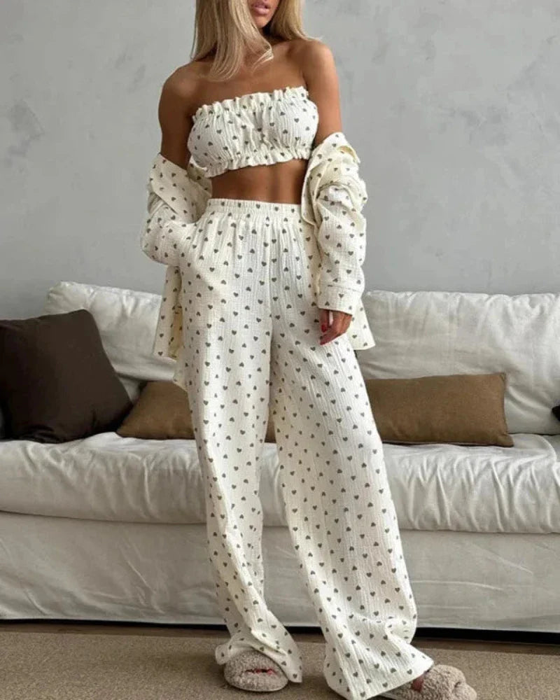 Pyjama long 3 pièces à cœurs