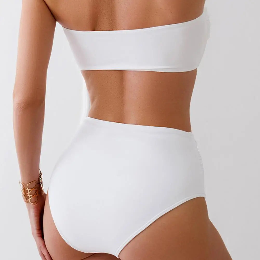 Bikini bandeau à fleurs et taille haute plissée