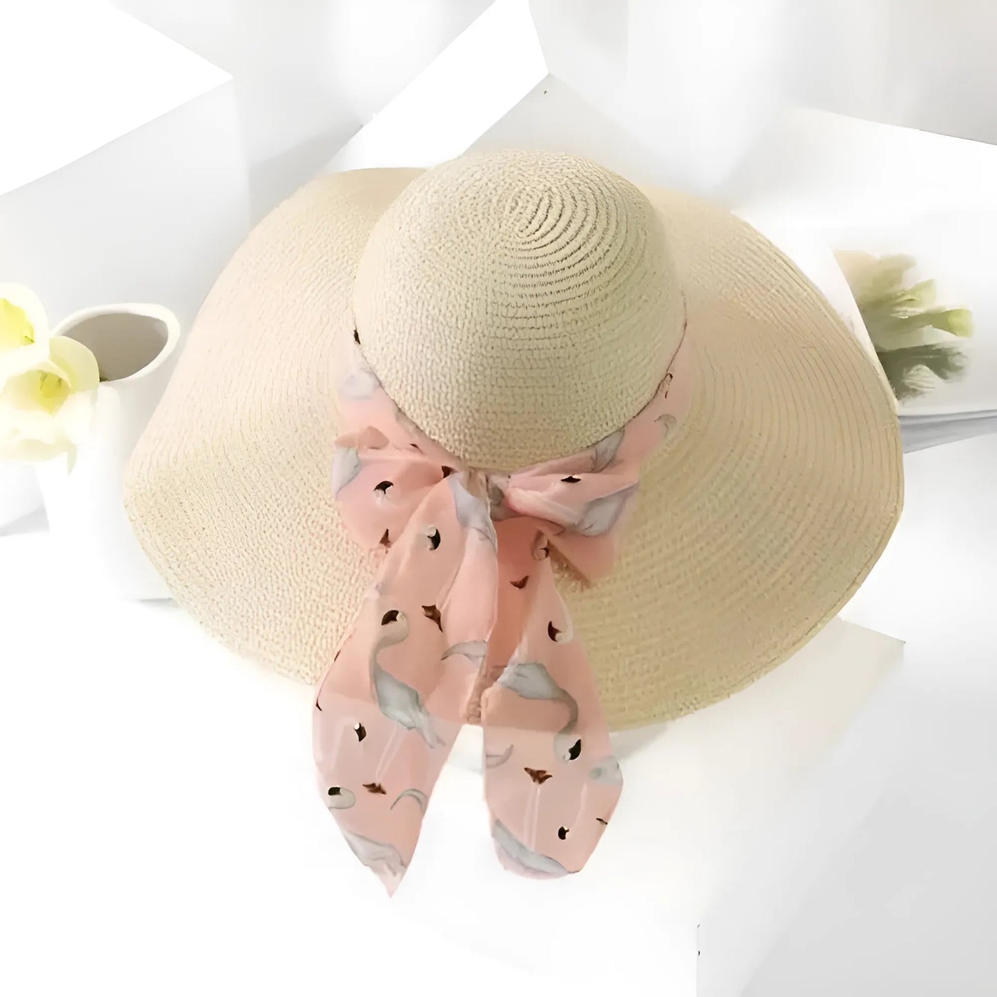 Beige 2 Chapeau de plage en ruban décoratif