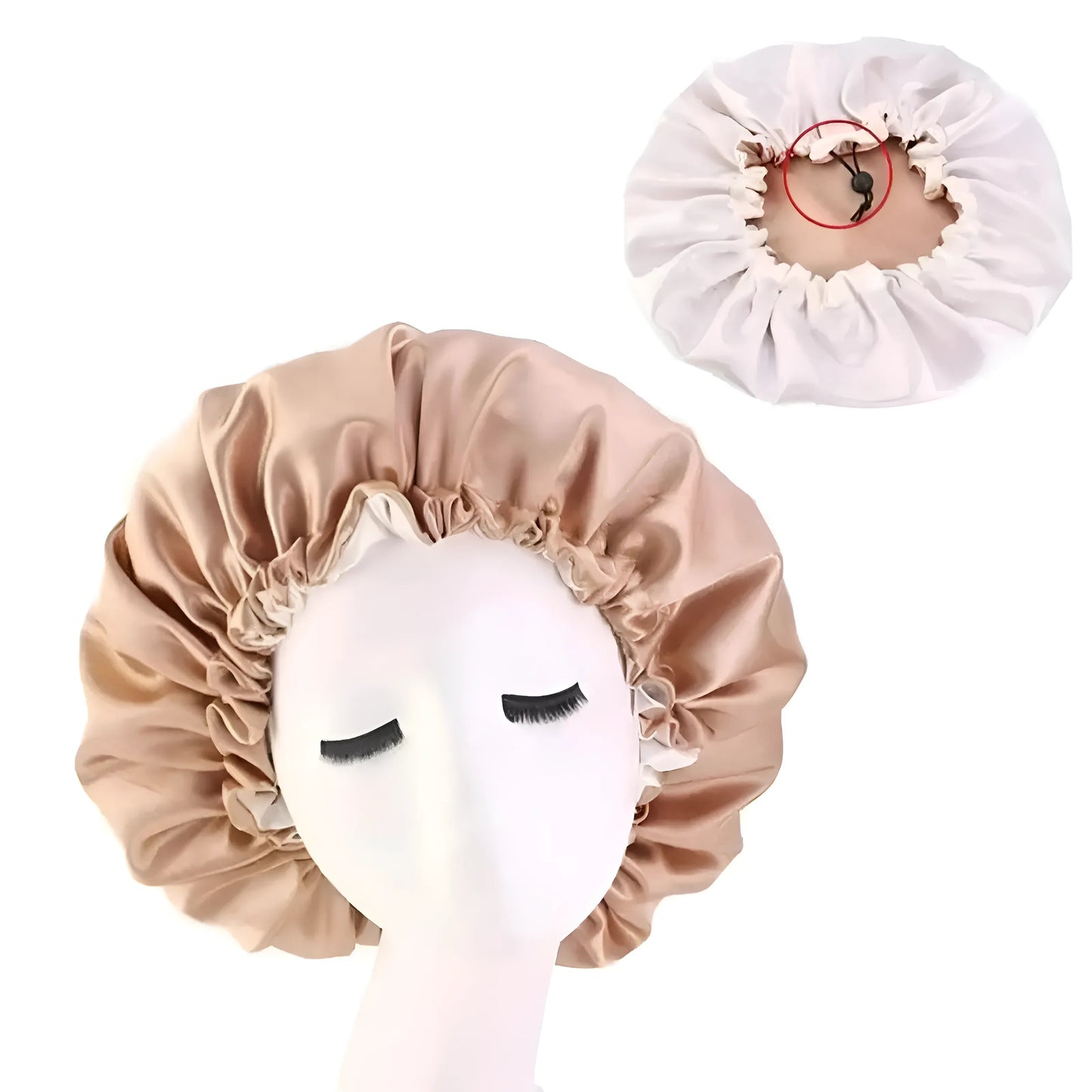 Beige Bonnet de sommeil en satin avec cordon de serrage ajustable