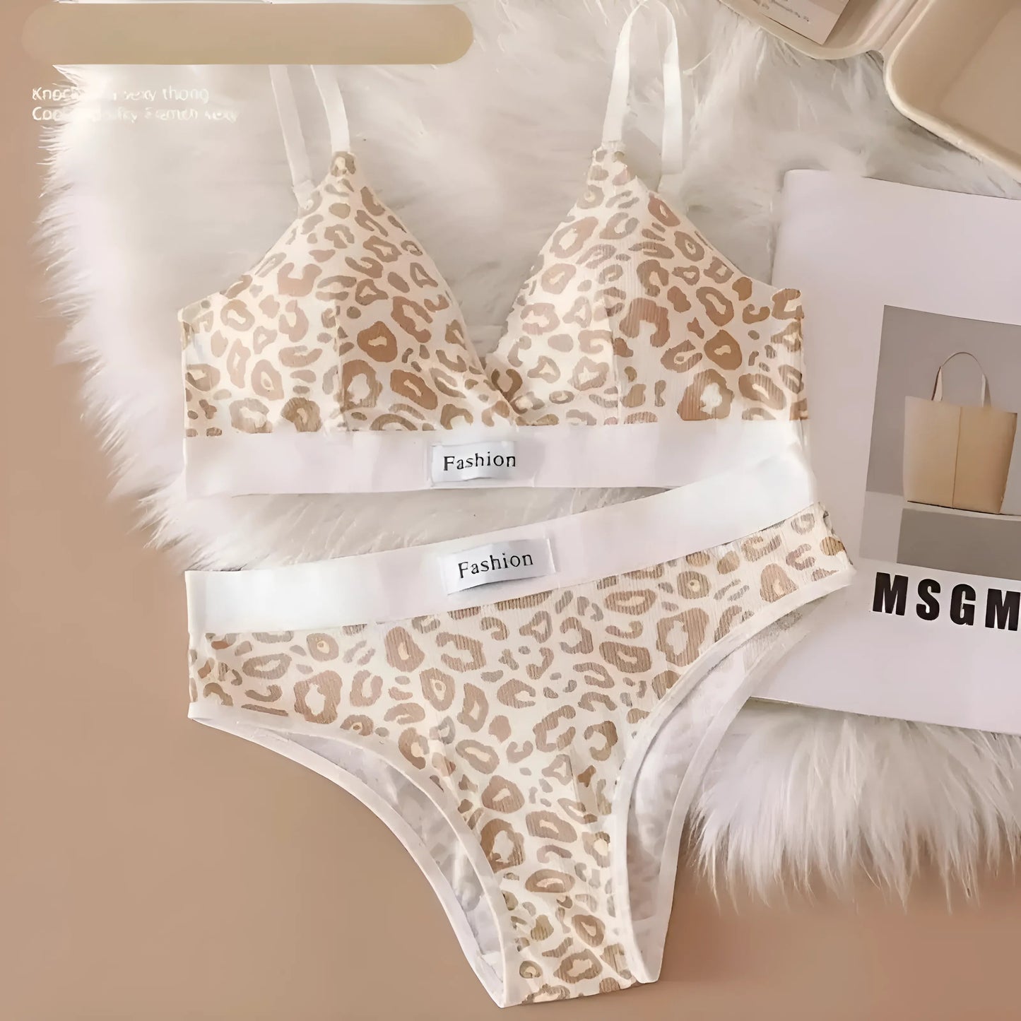 Beige Ensemble de lingerie imprimé léopard