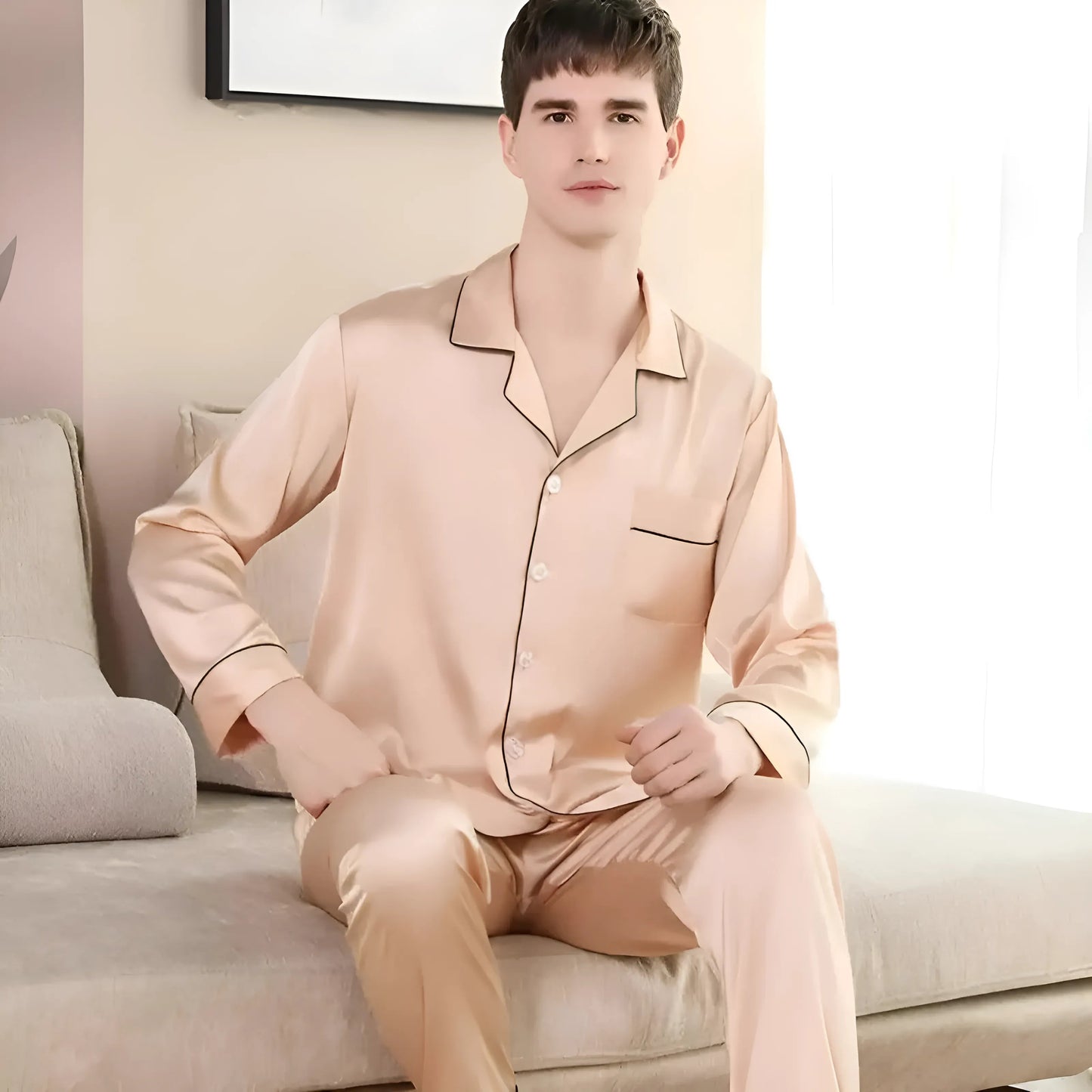 Beige Ensemble de pyjama en satin pour hommes
