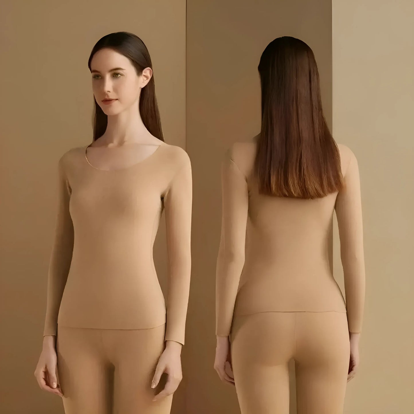 Beige Ensemble de sous-vêtements thermiques pour femmes classique