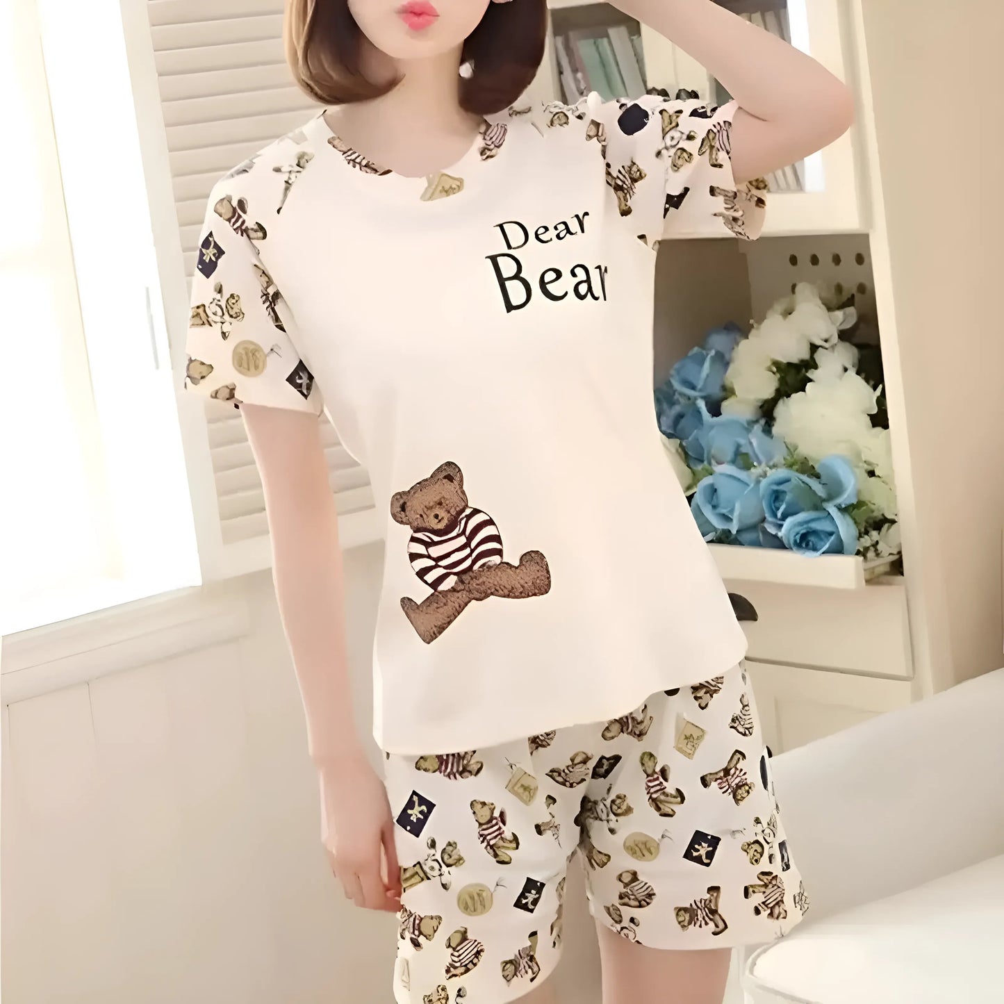 Beige Pyjamas en coton avec des motifs charmants