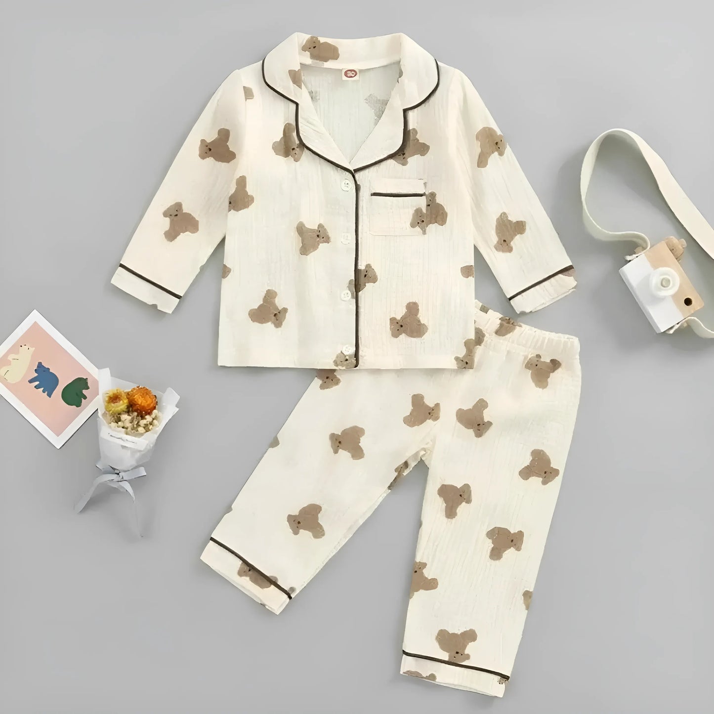 Beige Pyjamas en coton avec imprimé ours pour enfants