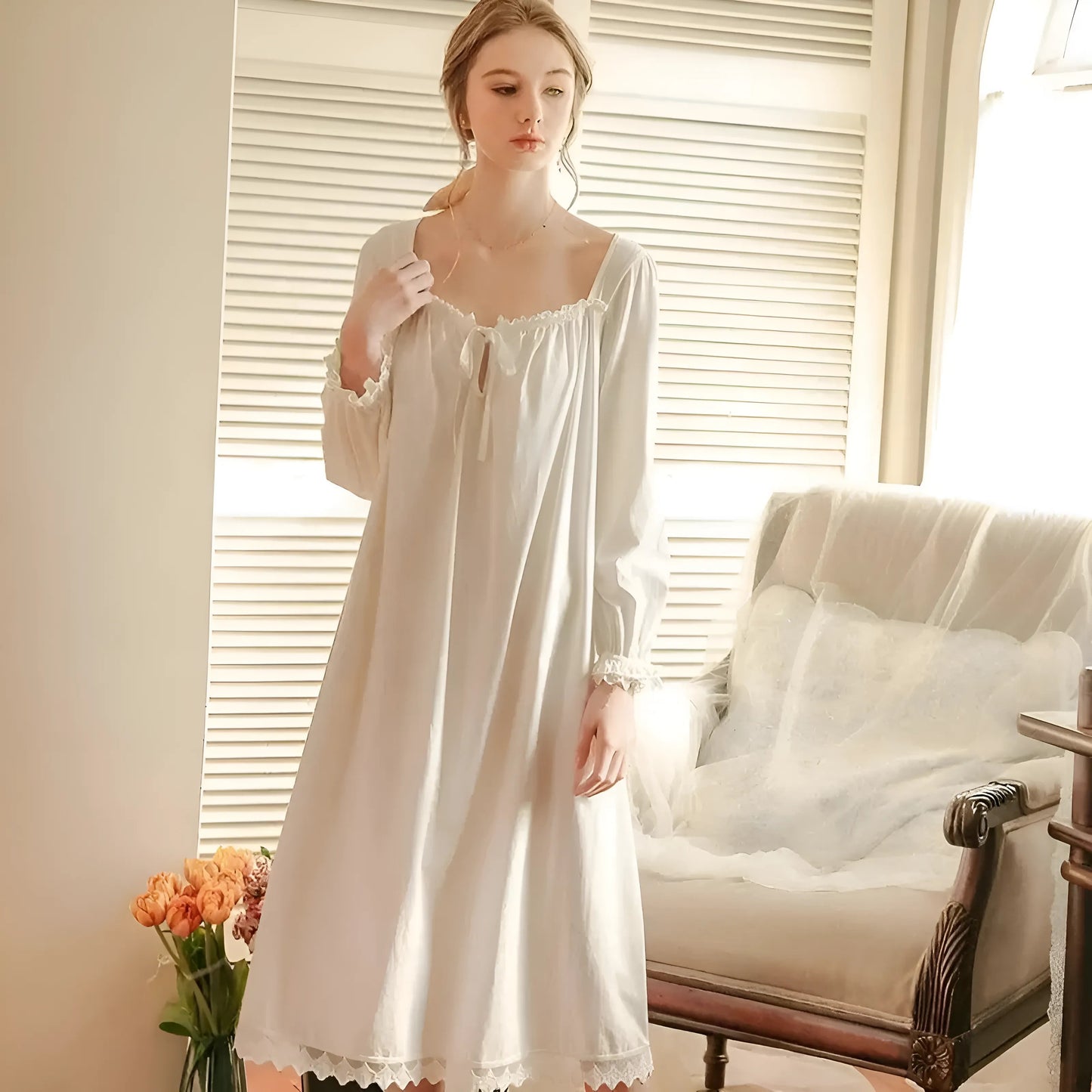 Blanc Chemise de nuit à manches longues