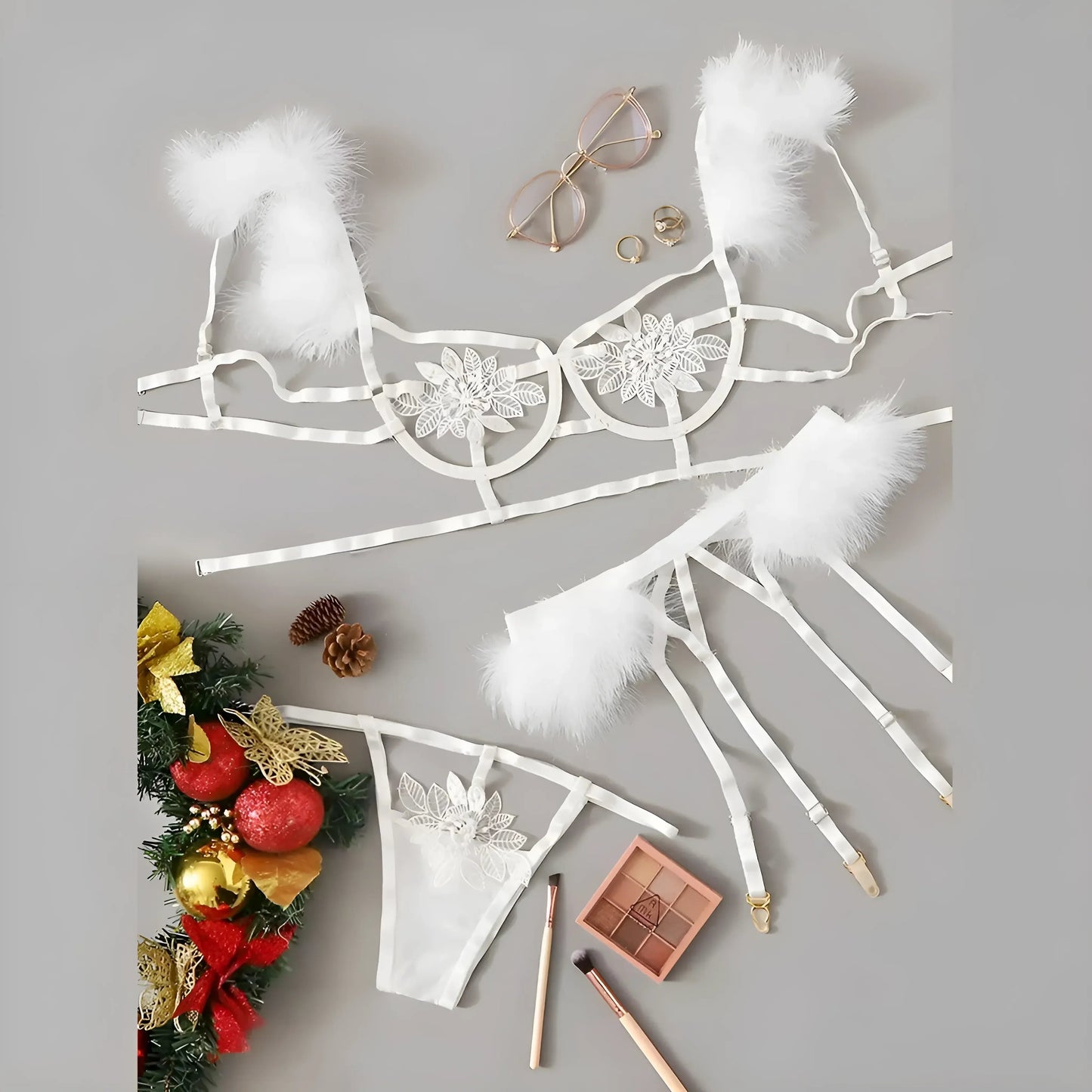 Blanc Ensemble de lingerie 3 pièces avec plumes