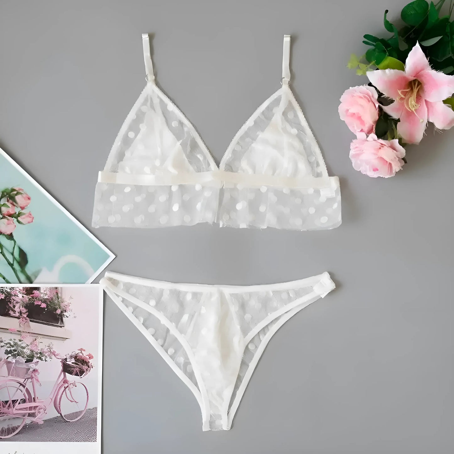 Blanc Ensemble de lingerie en dentelle à pois