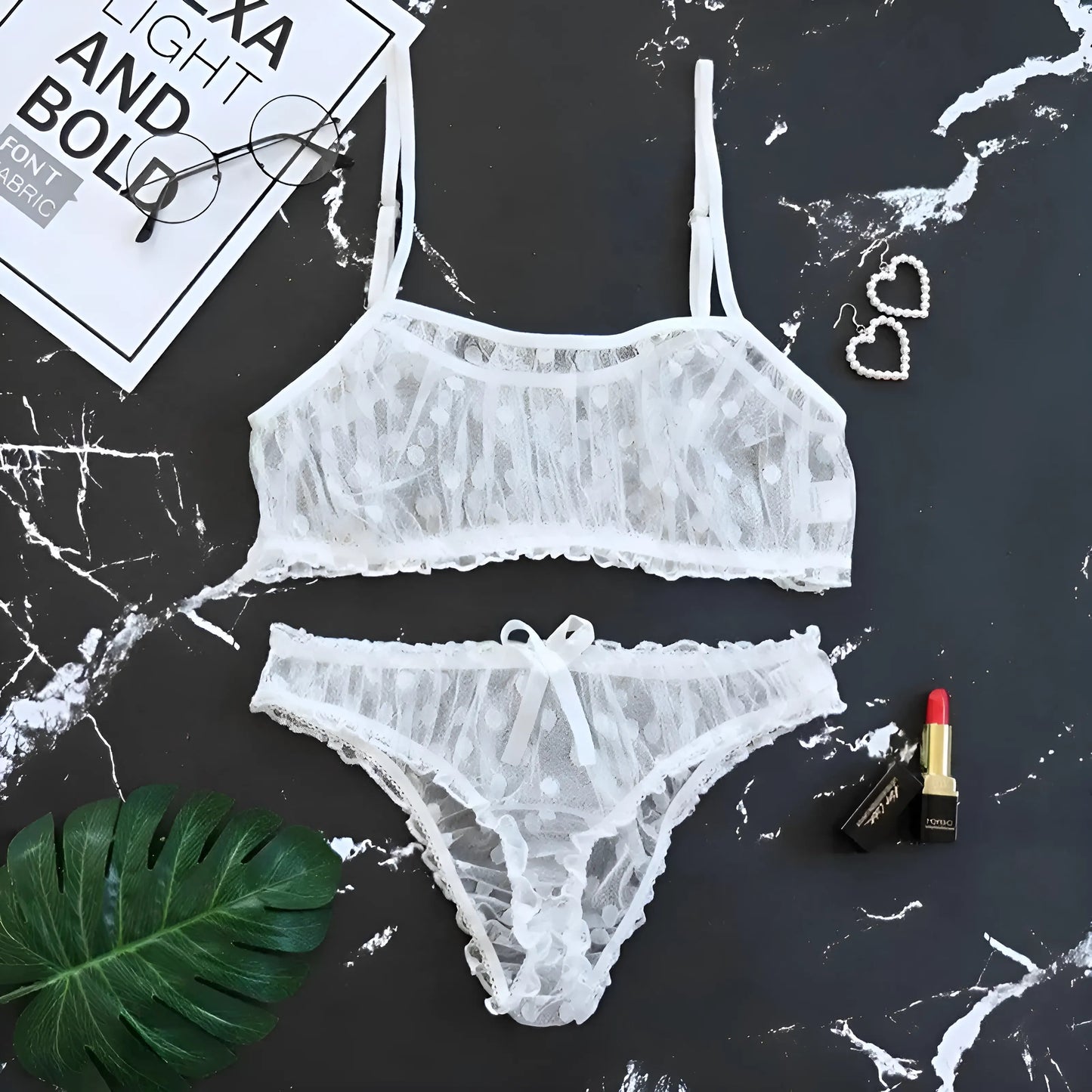 Blanc Ensemble de lingerie en dentelle à pois