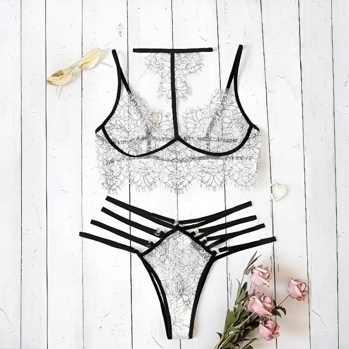 Blanc Ensemble de lingerie en dentelle avec bretelles