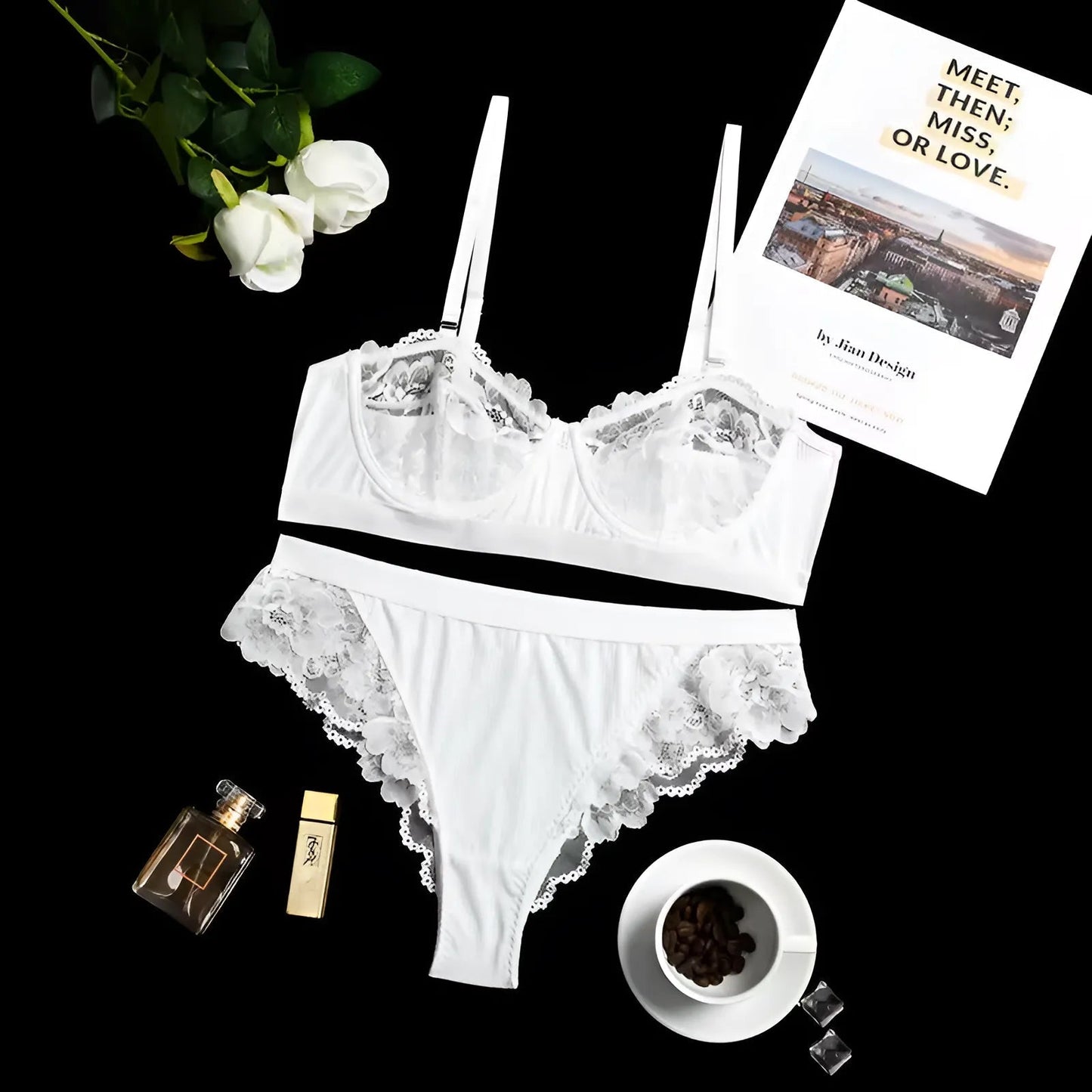Blanc Ensemble de lingerie en dentelle avec bretelles amovibles