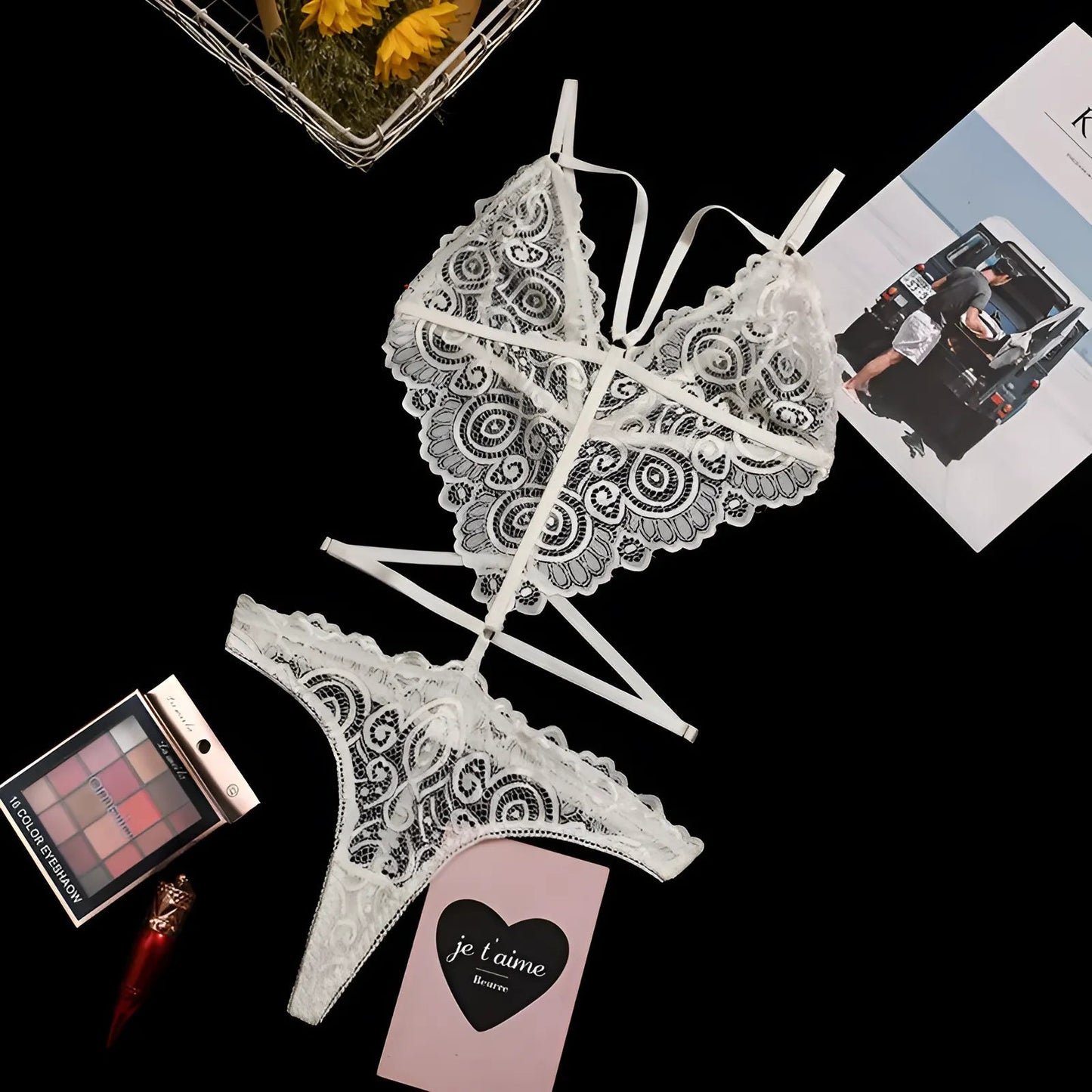 Blanc Ensemble de lingerie en dentelle avec col montant et bretelles