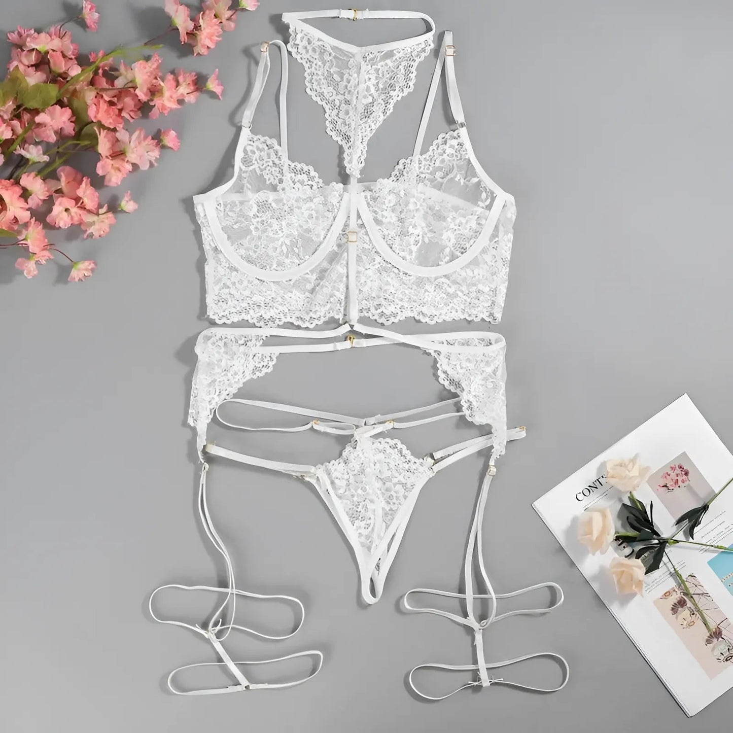 Blanc Ensemble de lingerie en dentelle avec collier et bretelles décoratives