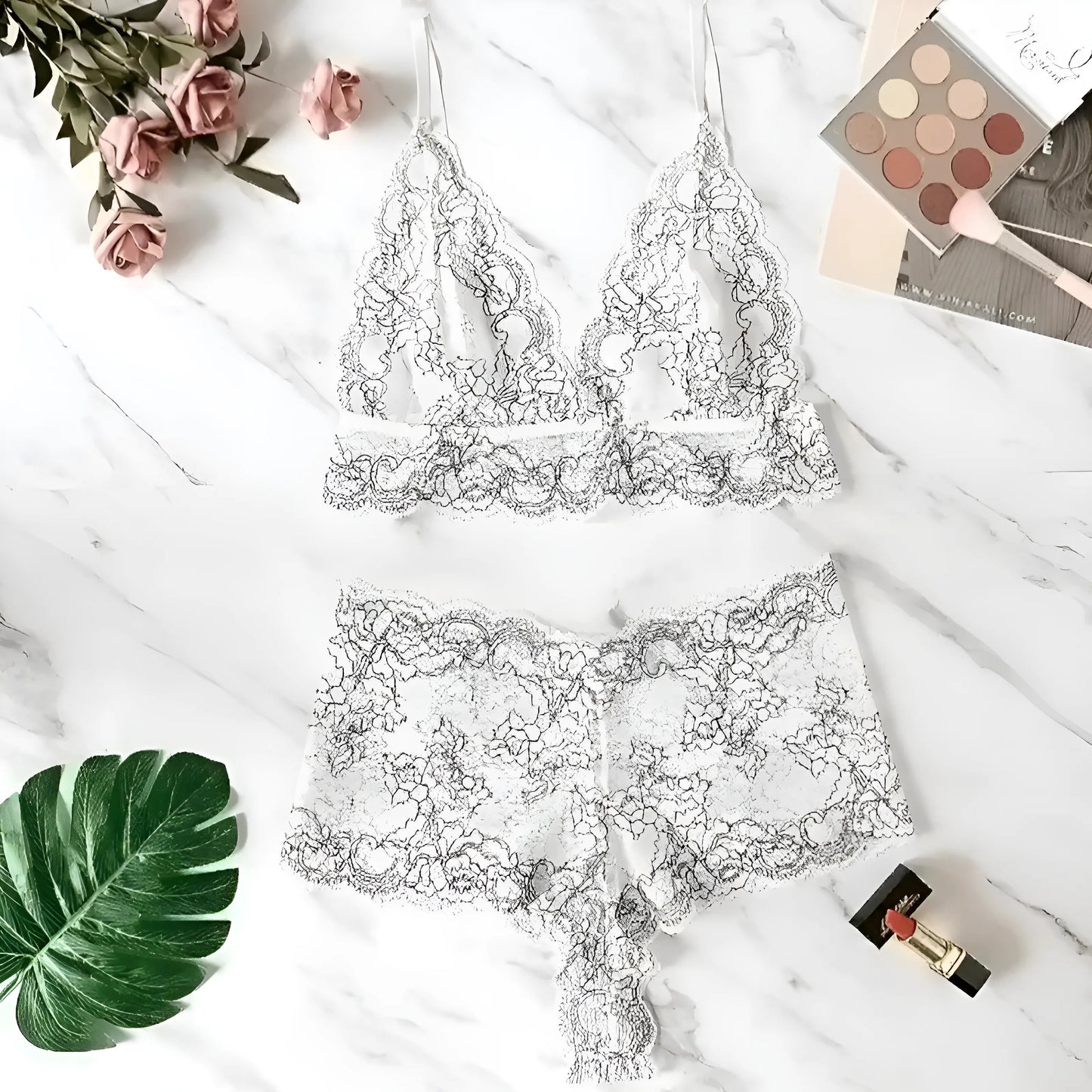 Blanc Ensemble de lingerie en dentelle avec culottes taille haute