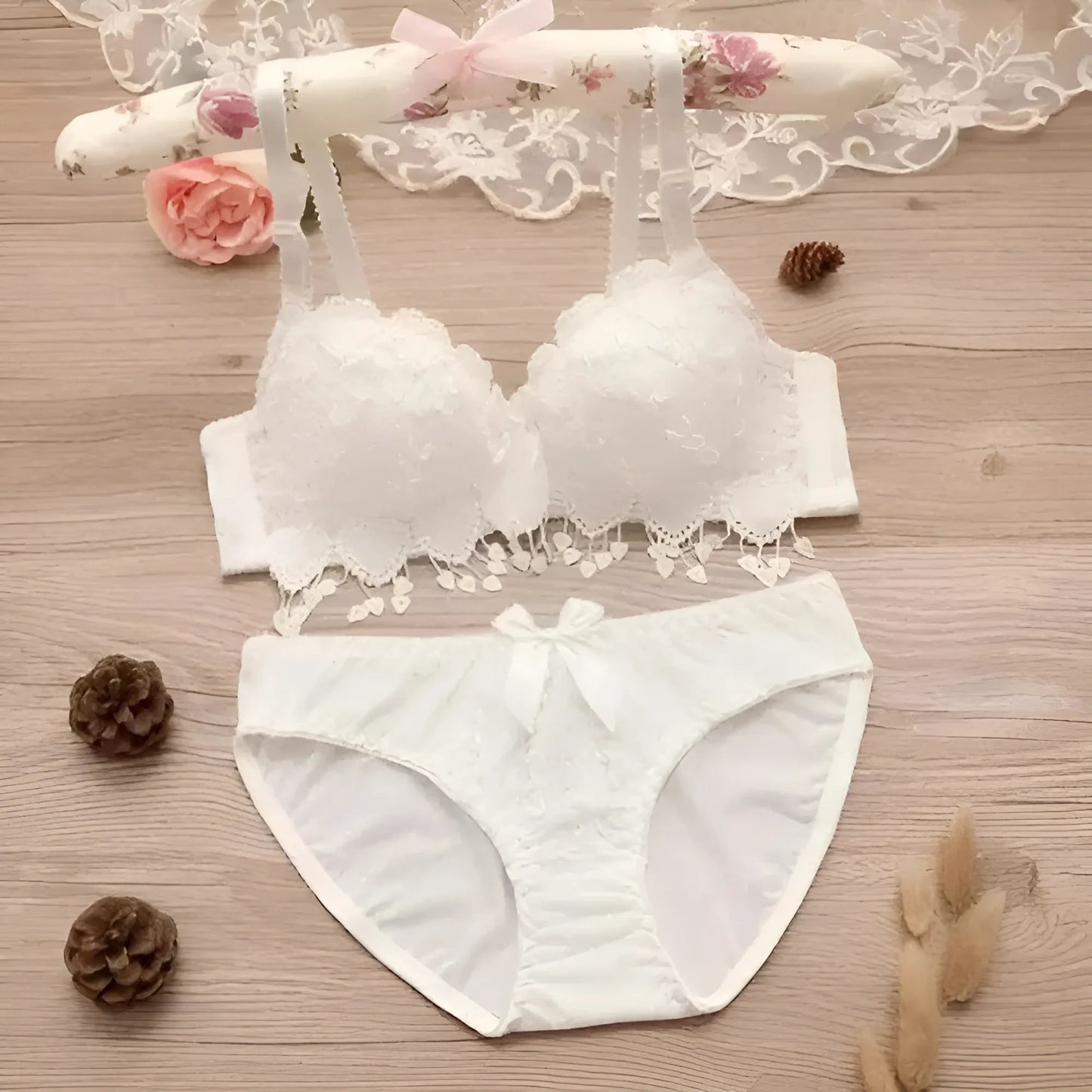 Blanc Ensemble de lingerie en dentelle avec motif en cœur