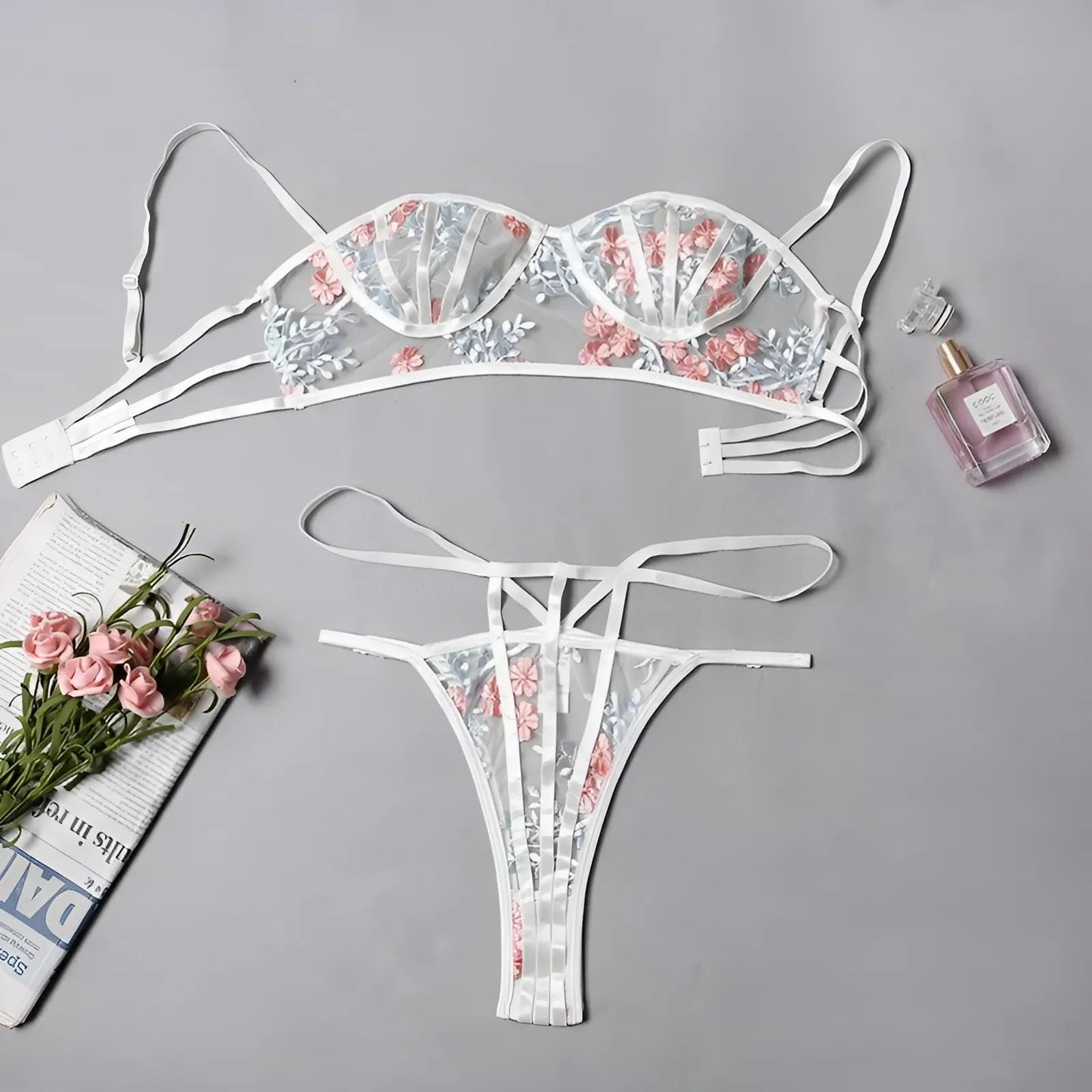 Blanc Ensemble de lingerie en dentelle avec motif floral