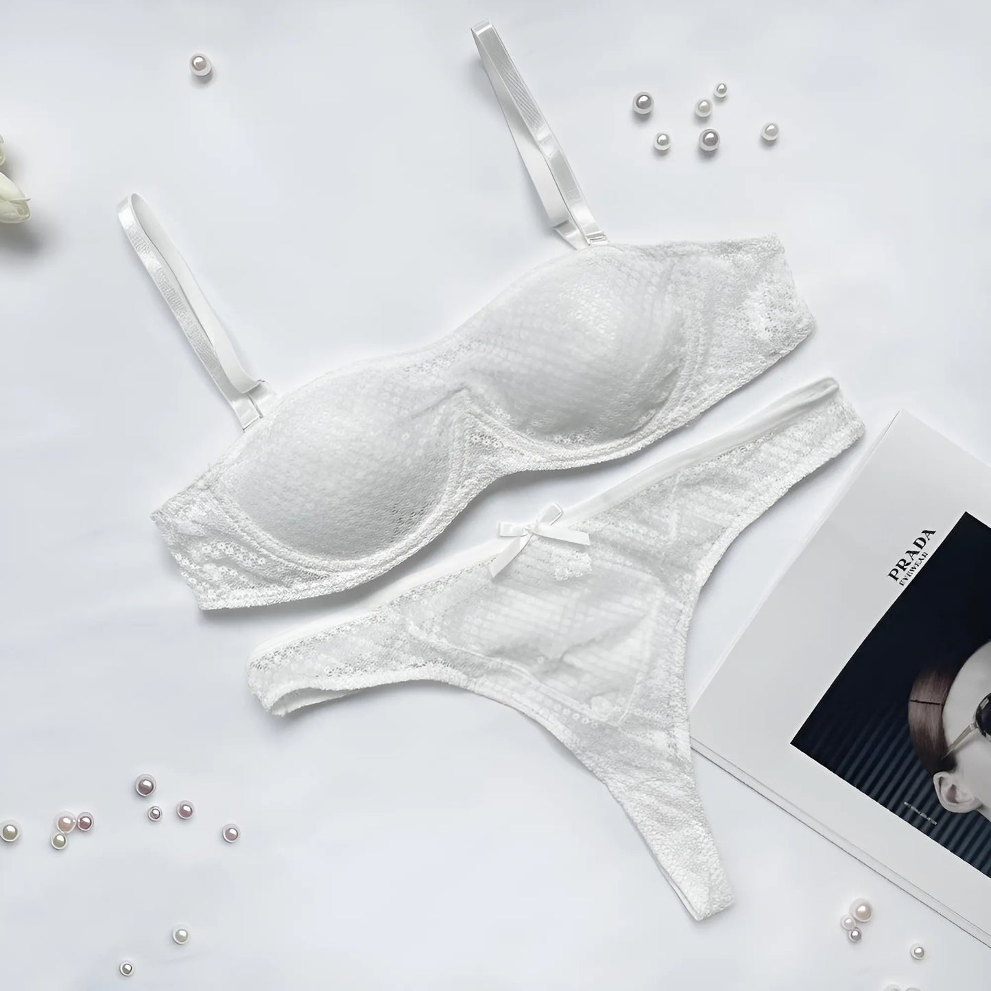 Blanc Ensemble de lingerie en dentelle et résille