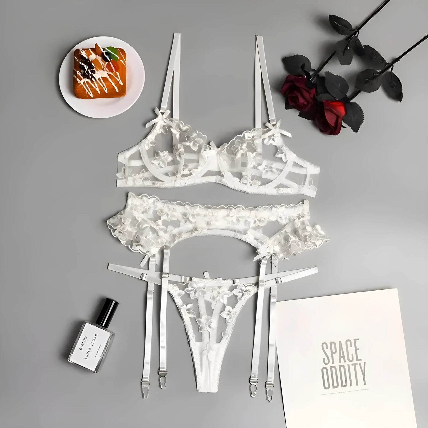 Blanc Ensemble de lingerie en dentelle florale