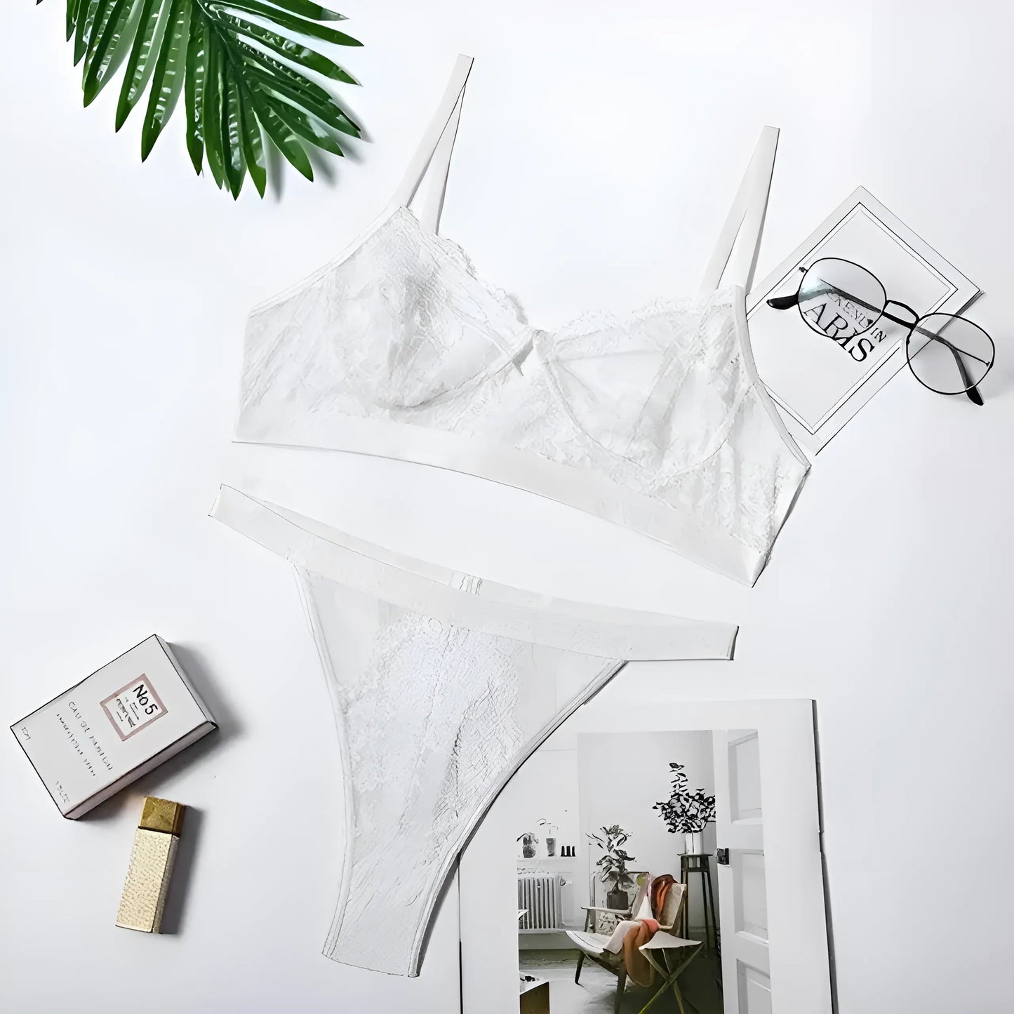 Blanc Ensemble de lingerie en dentelle taille haute
