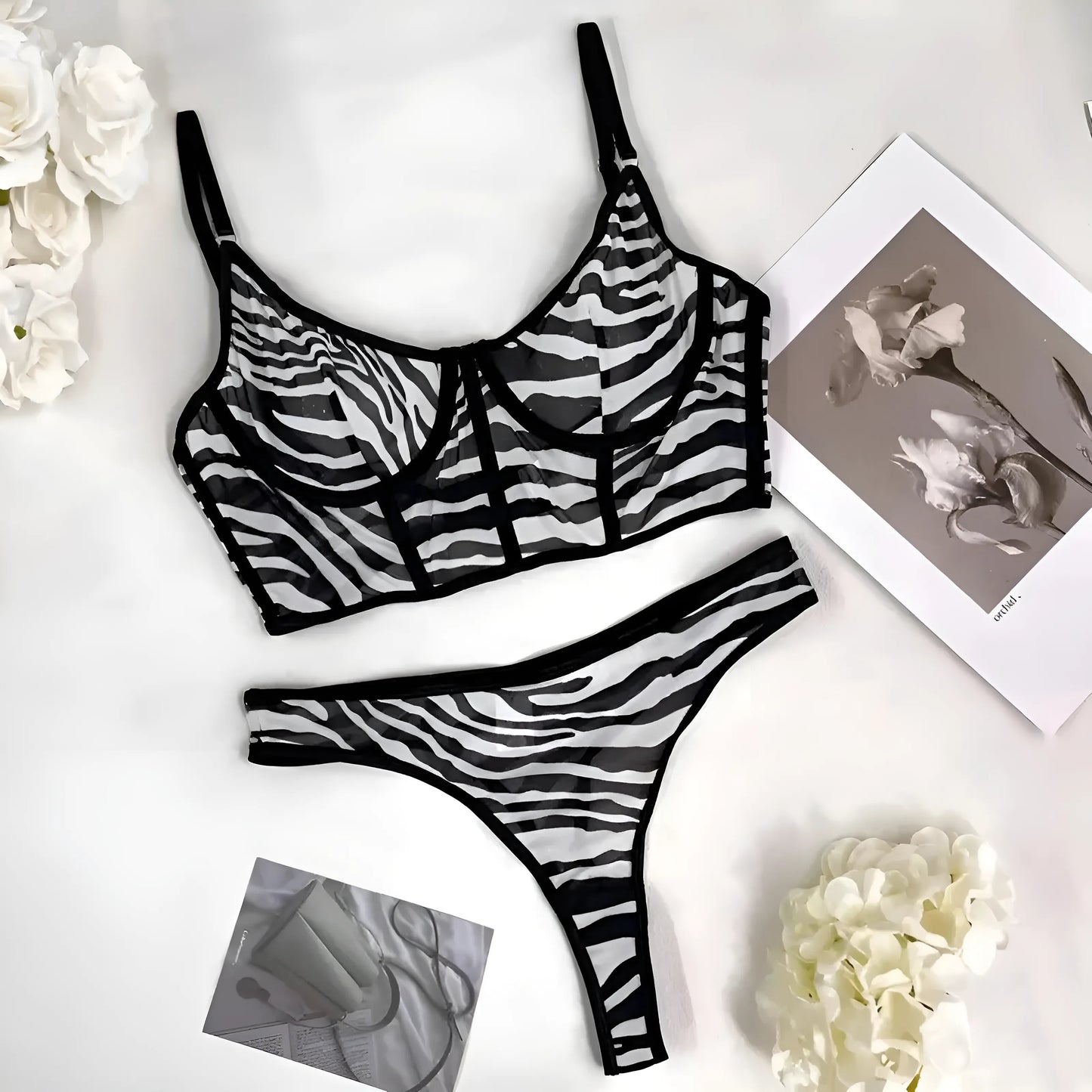Blanc Ensemble de lingerie en dentelle zèbre