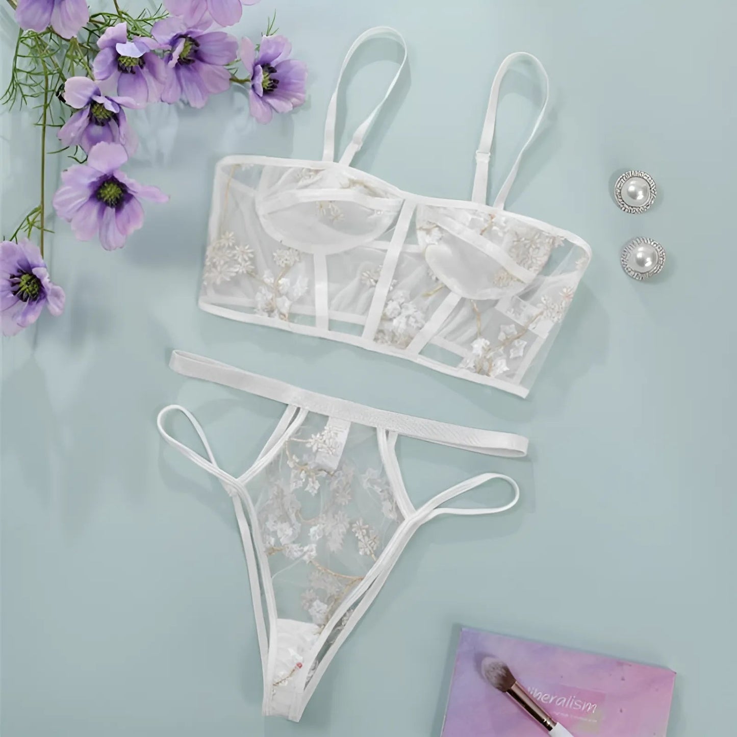 Blanc Ensemble de lingerie en maille sensuelle avec design floral