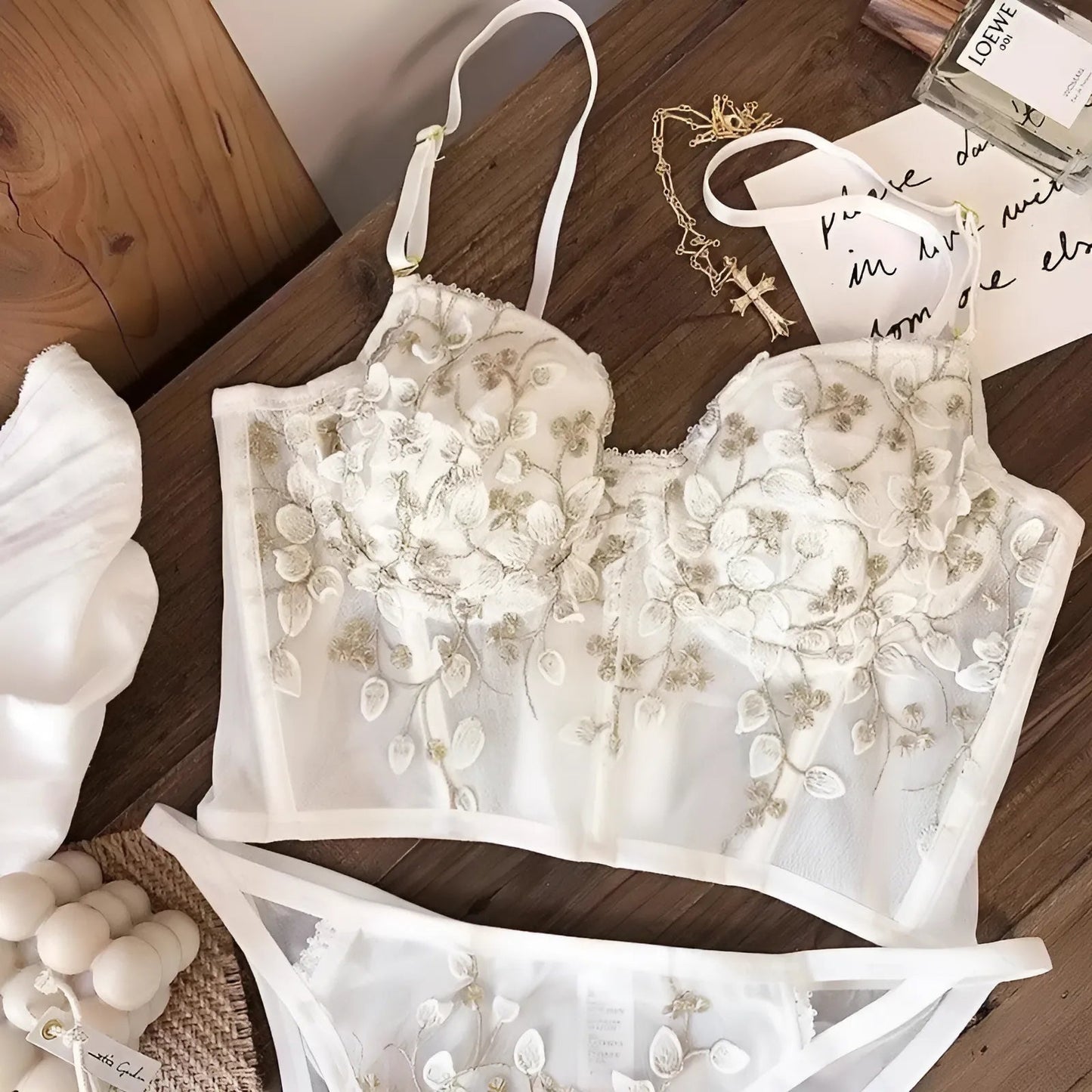 Blanc Ensemble de lingerie florale brodée