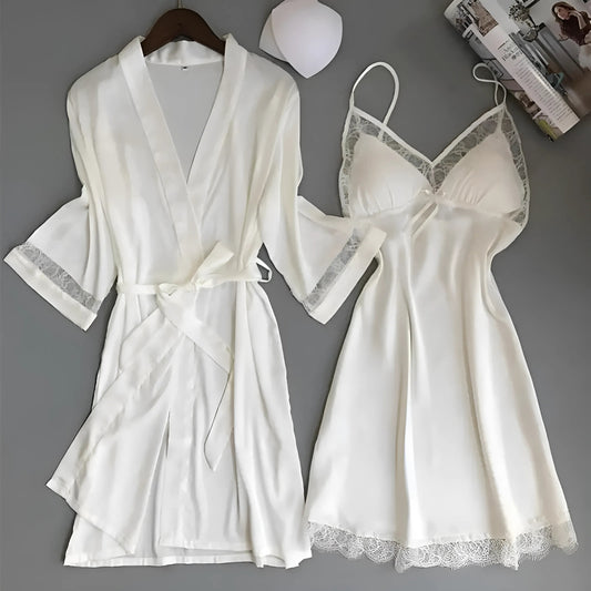 Blanc Ensemble de nuit en satin blanc avec dentelle