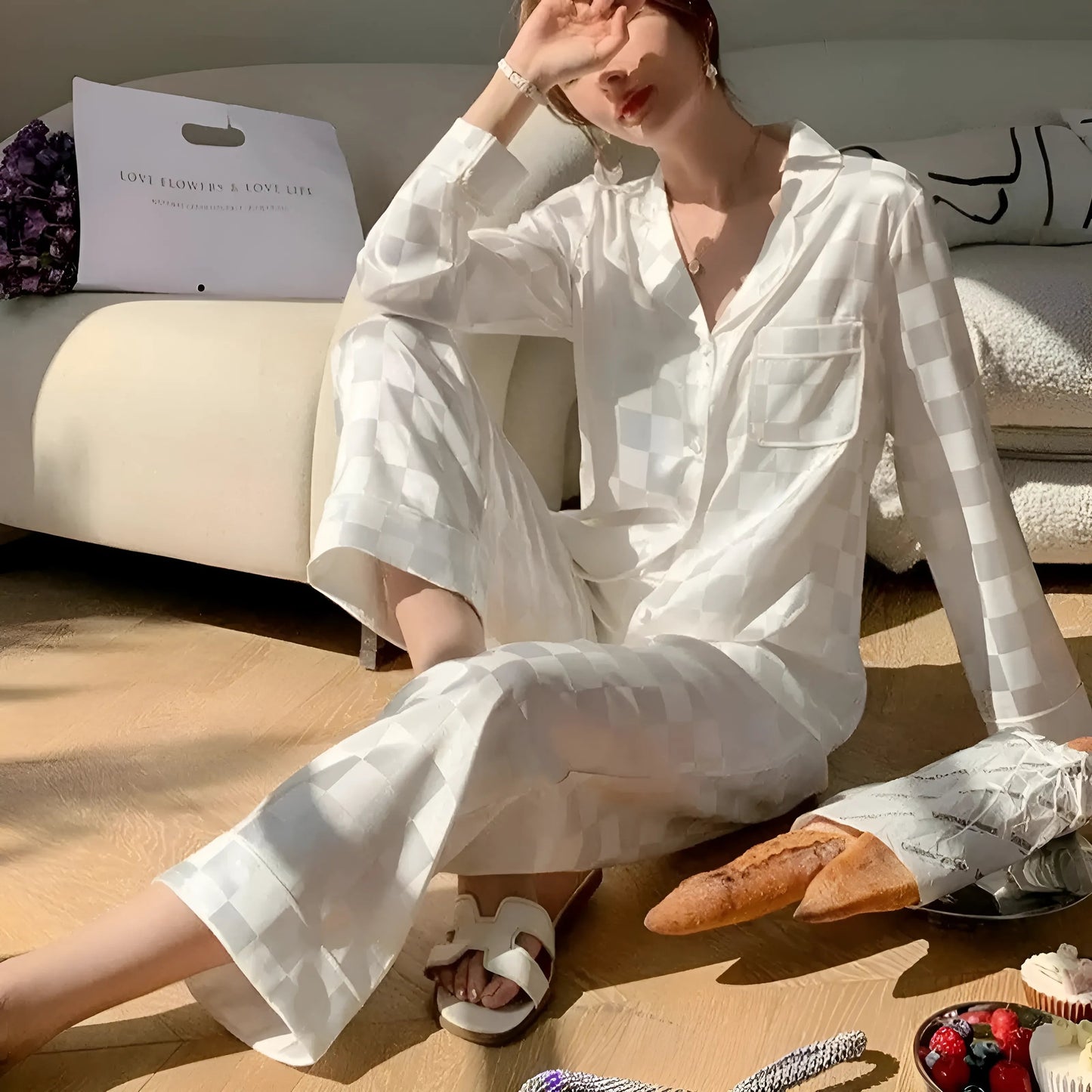 Blanc Ensemble de pyjama à carreaux en soie pour femmes