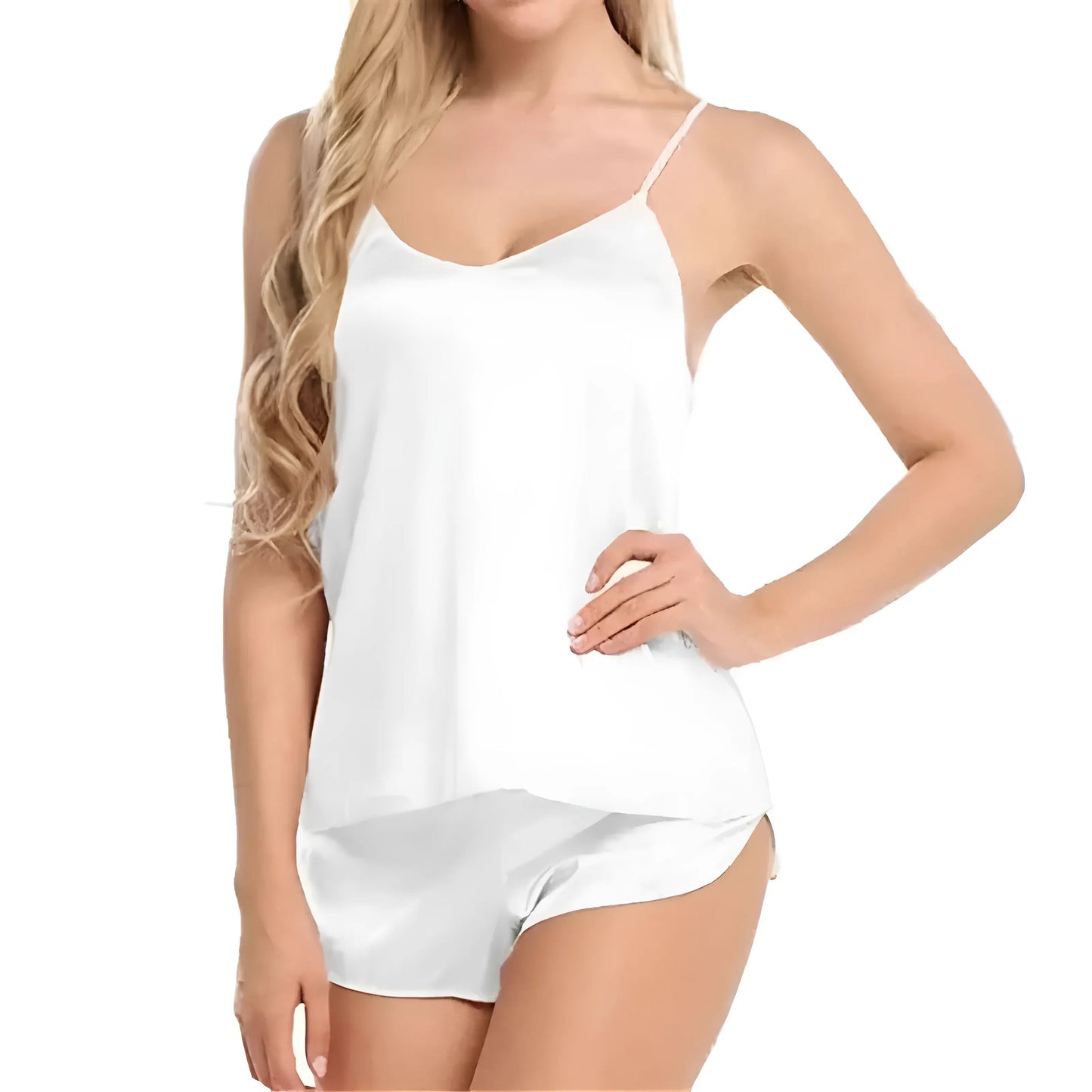 Blanc Ensemble de pyjama court en satin pour femmes avec bretelles
