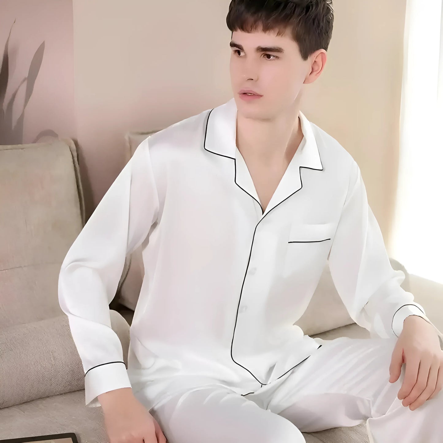 Blanc Ensemble de pyjama en satin pour hommes