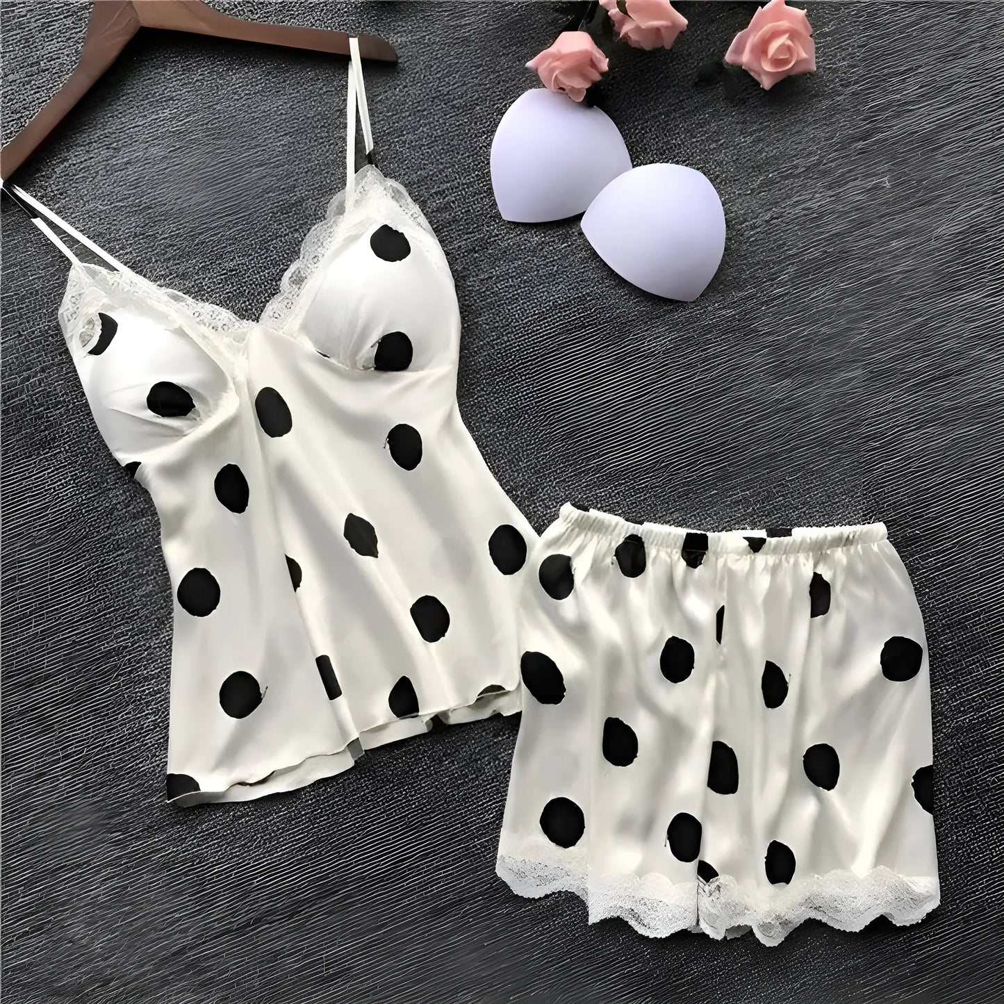 Blanc Ensemble de pyjama en soie à pois