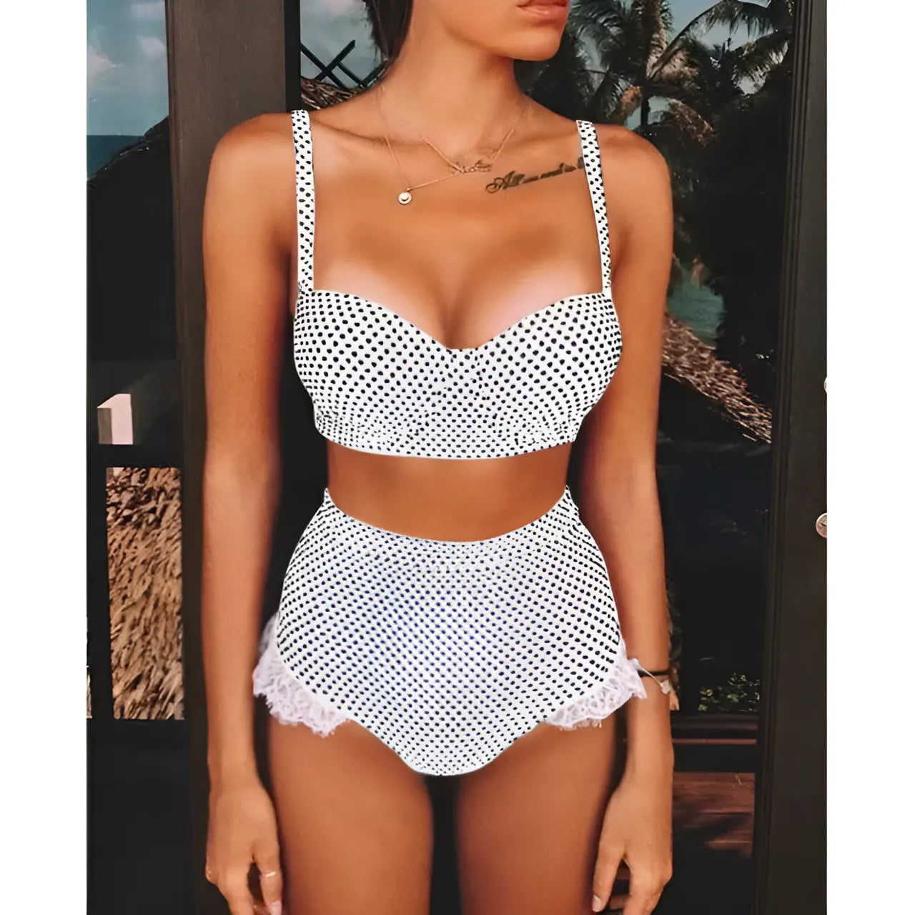 Blanc Maillot de bain deux pièces à pois