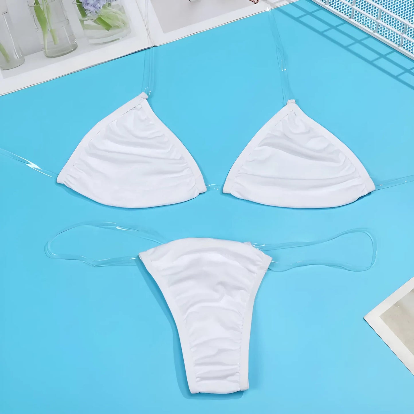 Blanc Maillot de bain deux pièces avec bretelles transparentes