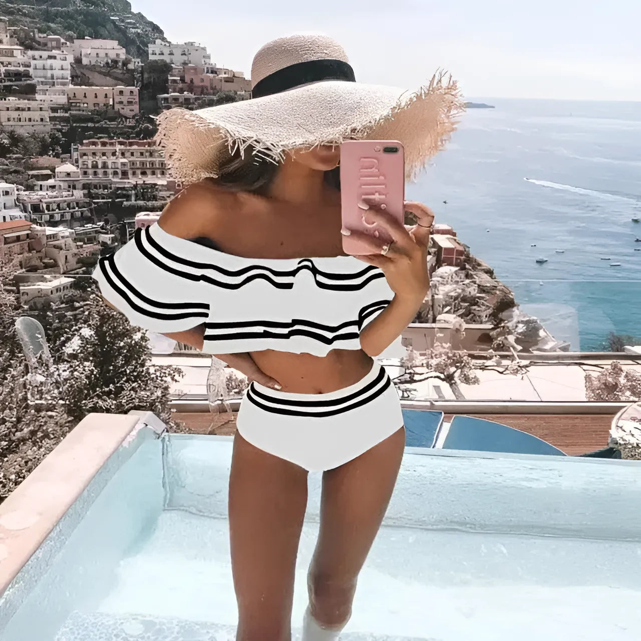 Blanc Maillot de bain deux pièces avec détail volant sur le buste