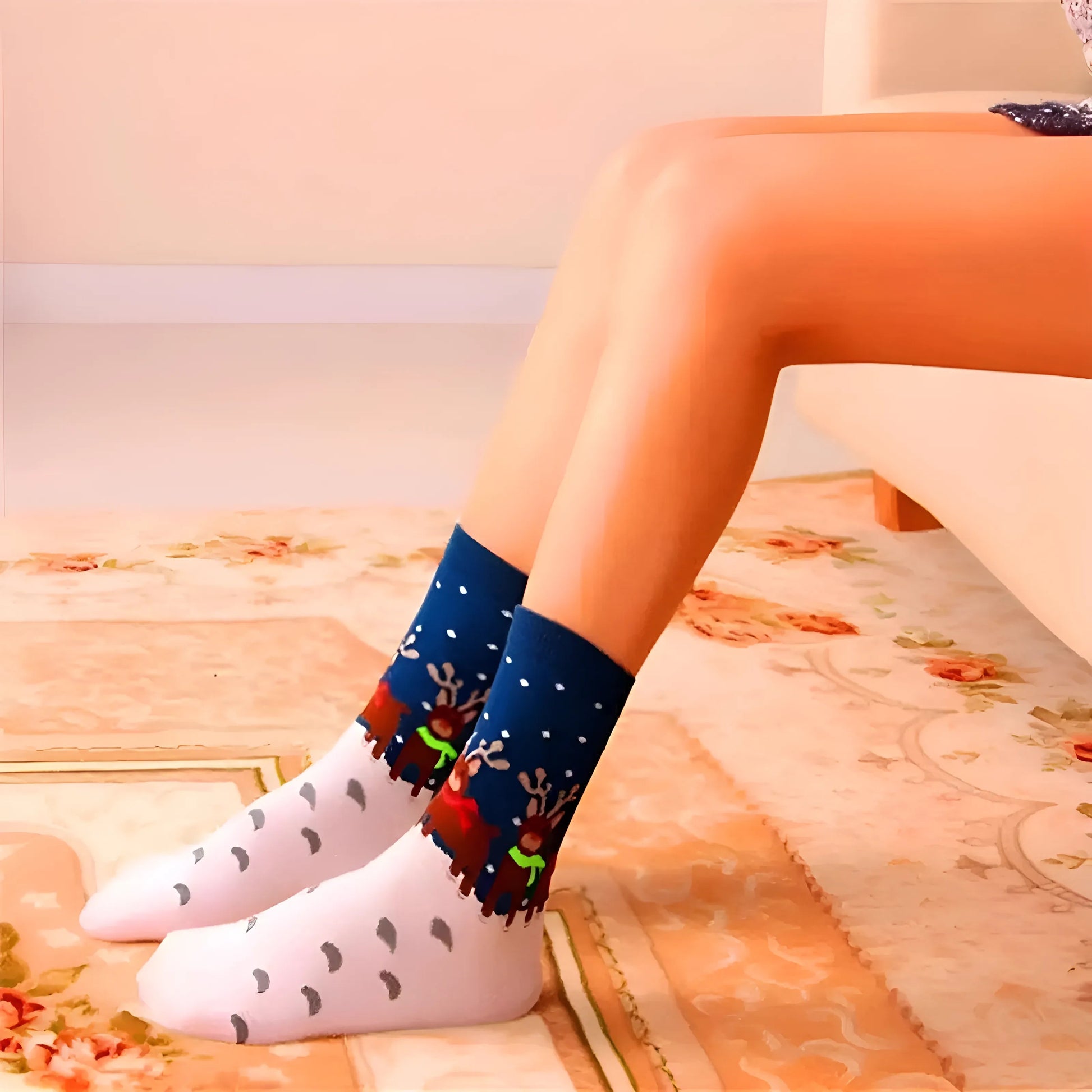 Blanc-Marine Chaussettes longues à motifs de Noël