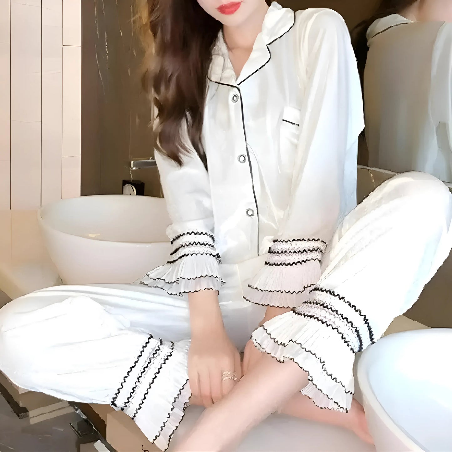 Blanc Pyjamas longs à manches longues pour femmes