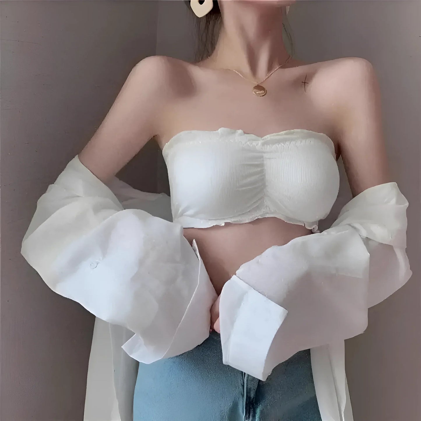 Blanc Soutien-gorge sans bretelles froncé