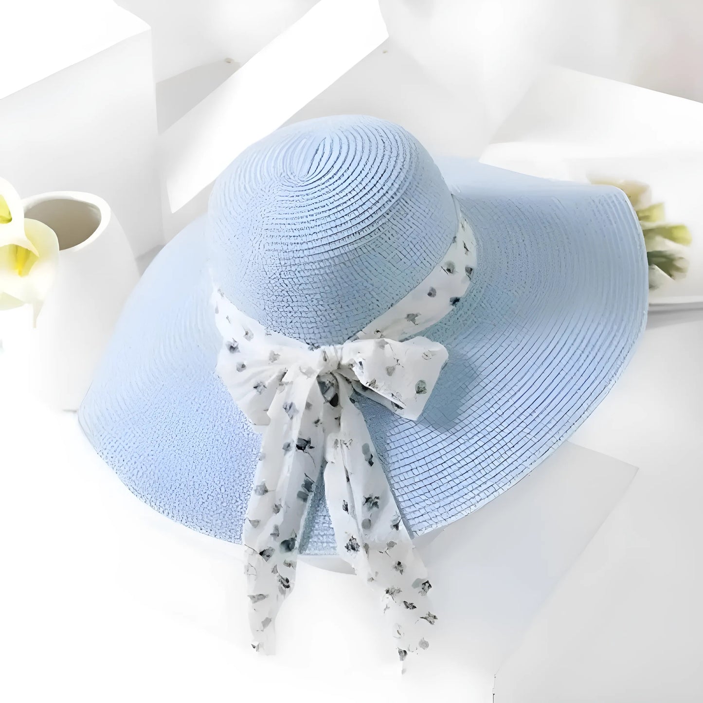 Bleu Chapeau de plage en ruban décoratif