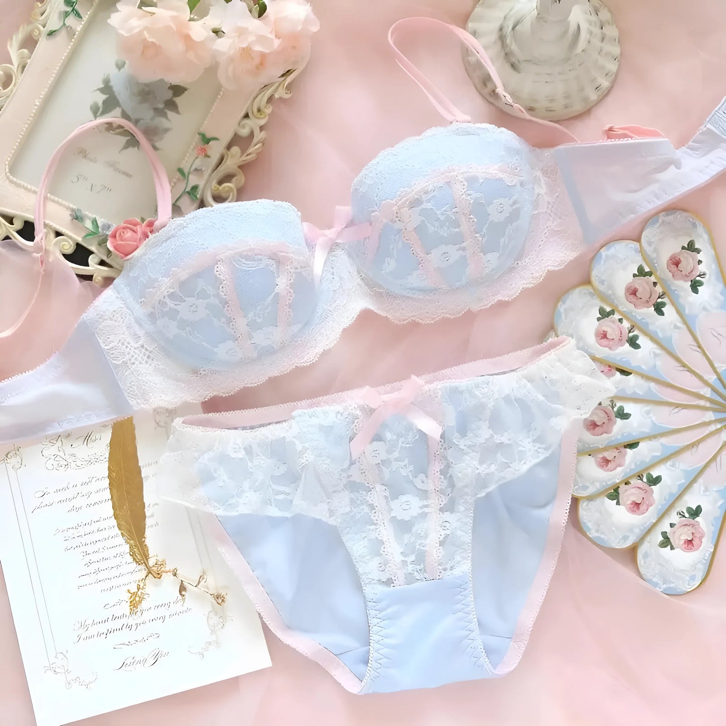 Bleu clair Ensemble de lingerie en dentelle pastel