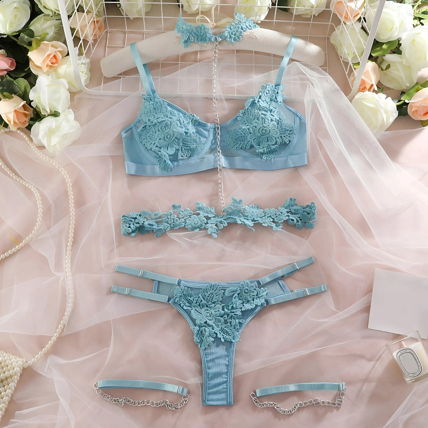 Bleu Ensemble de lingerie 3 pièces avec dentelle florale