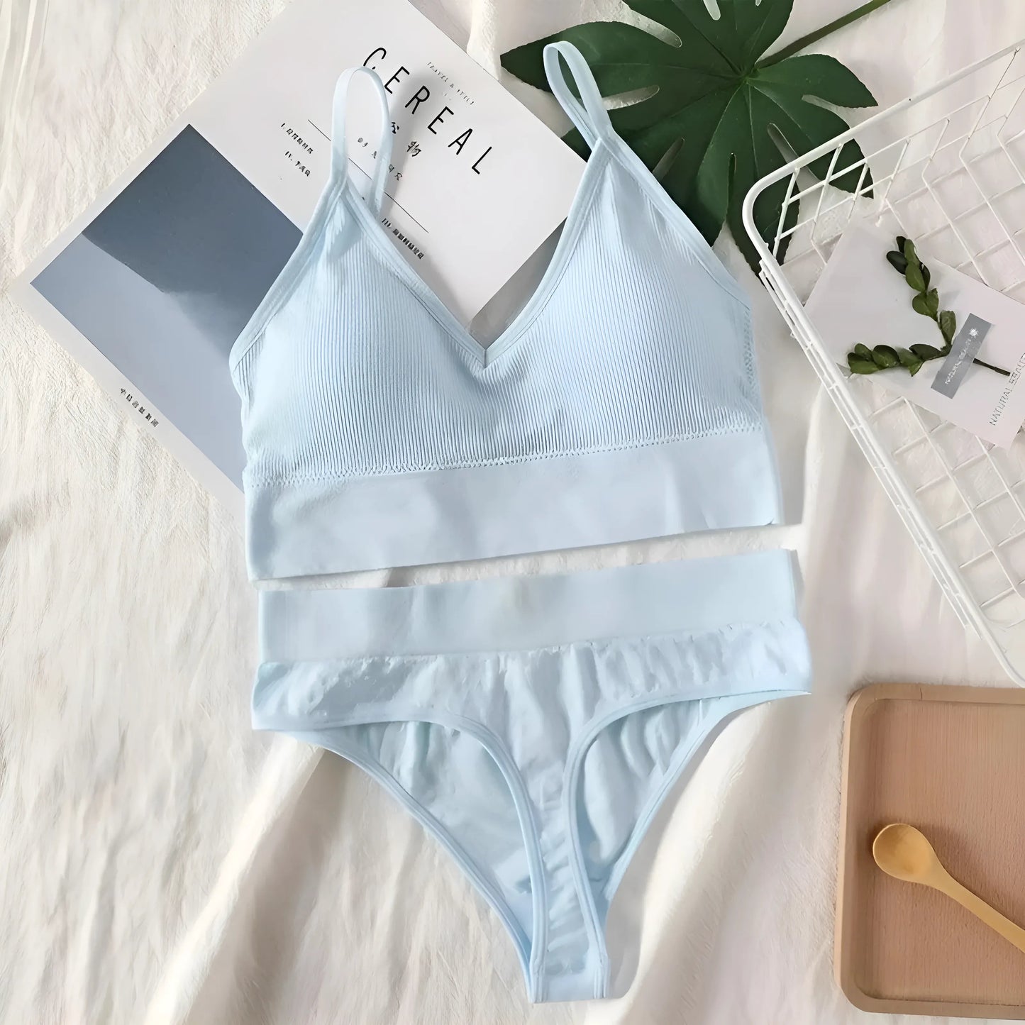 Bleu Ensemble de lingerie côtelé