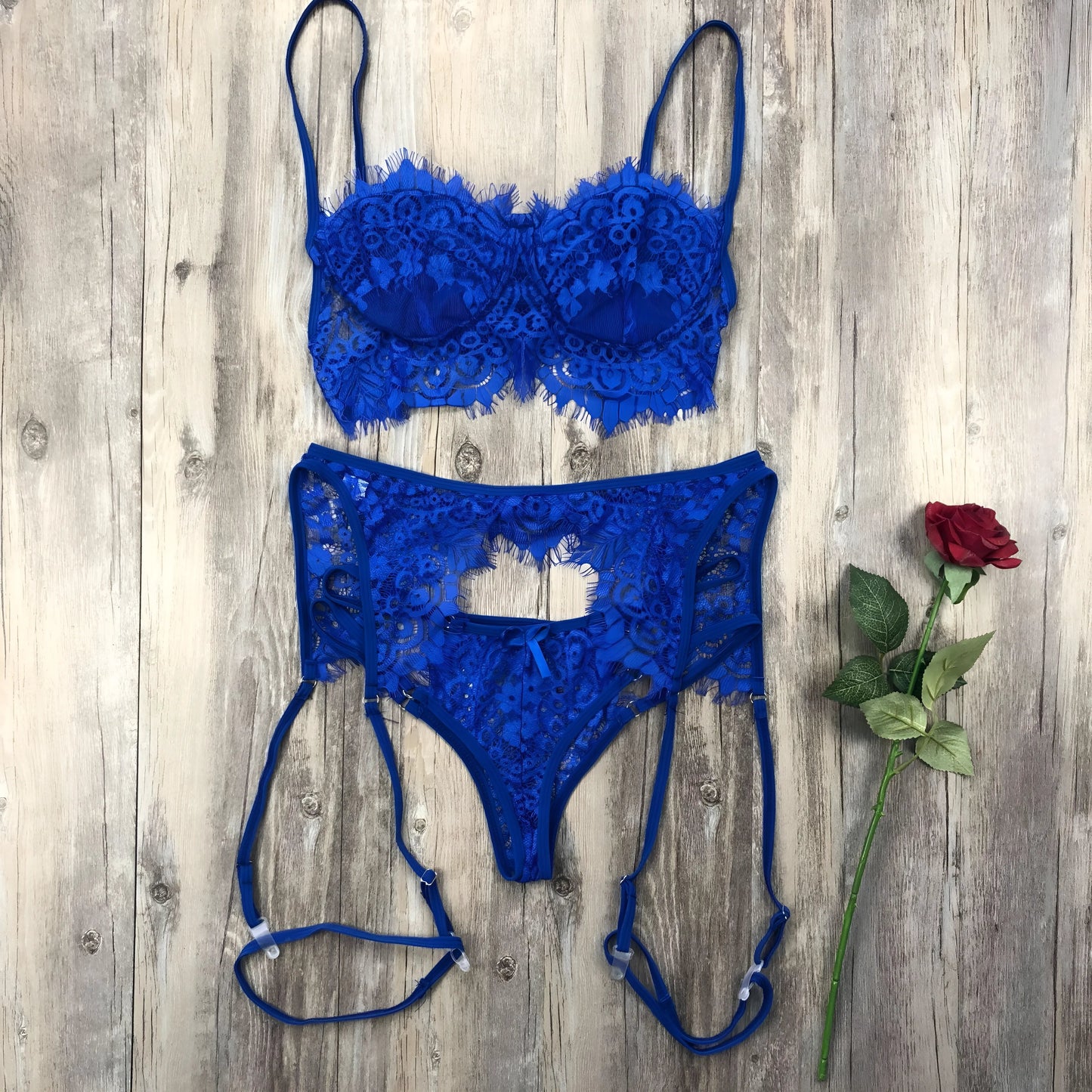 Bleu Ensemble de lingerie en dentelle 3 pièces avec sangles cuisse