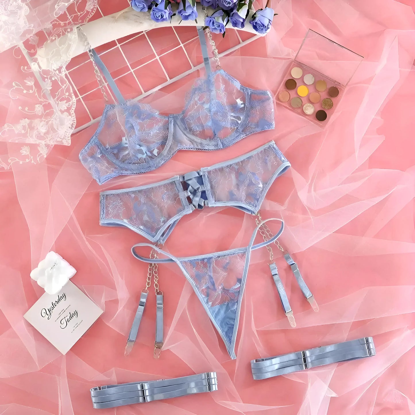 Bleu Ensemble de lingerie en dentelle avec chaînes