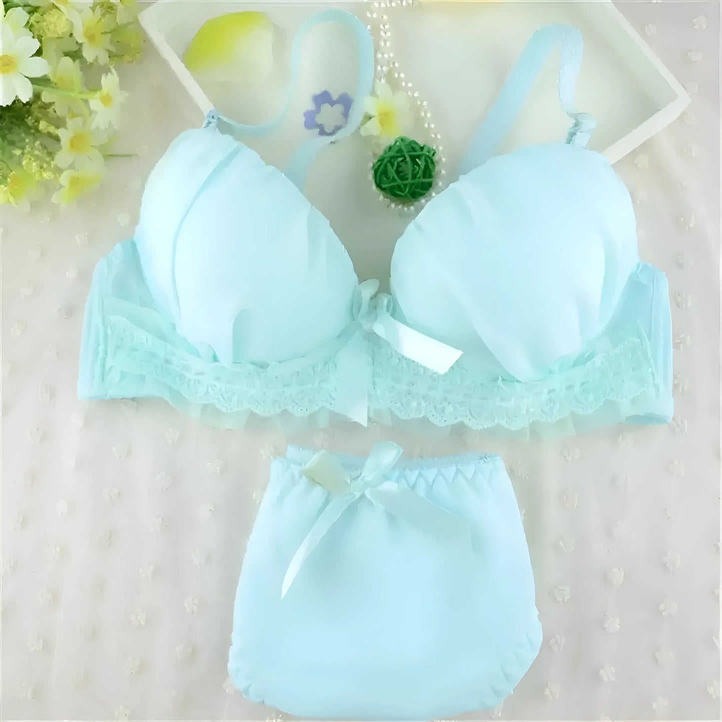 Bleu Ensemble de lingerie en dentelle avec des nœuds