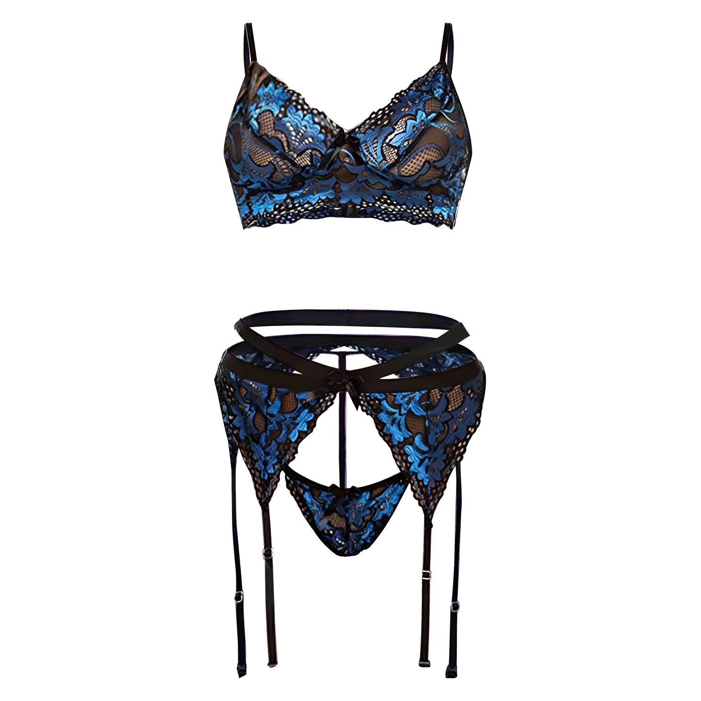 Bleu Ensemble de lingerie en dentelle avec porte-jarretelles