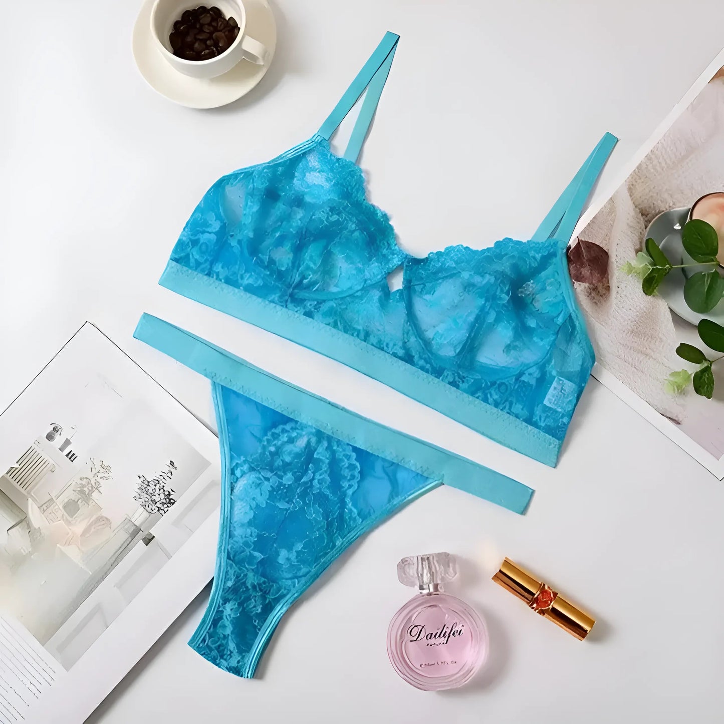 Bleu Ensemble de lingerie en dentelle taille haute