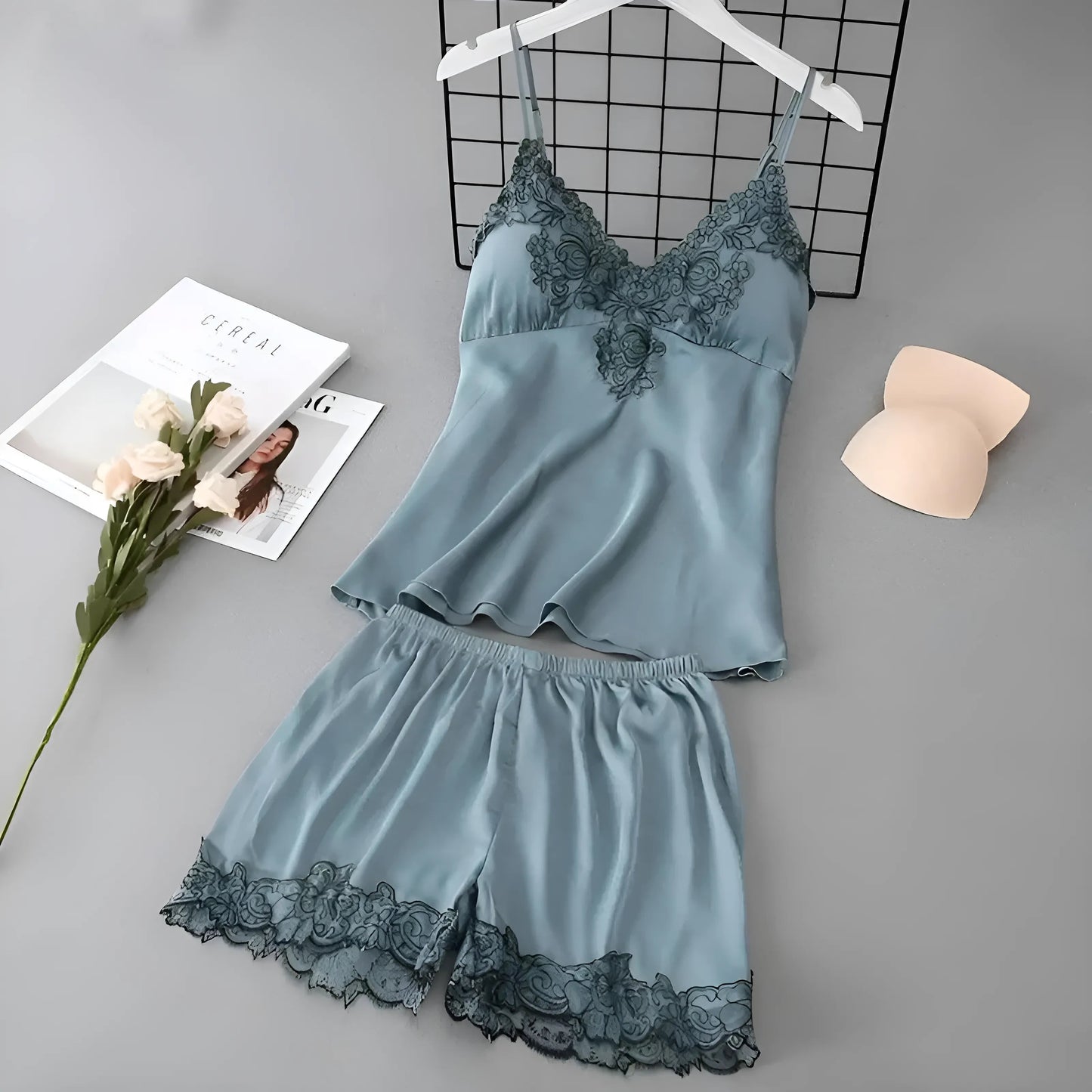 Bleu Ensemble de pyjama pour femmes avec dentelle