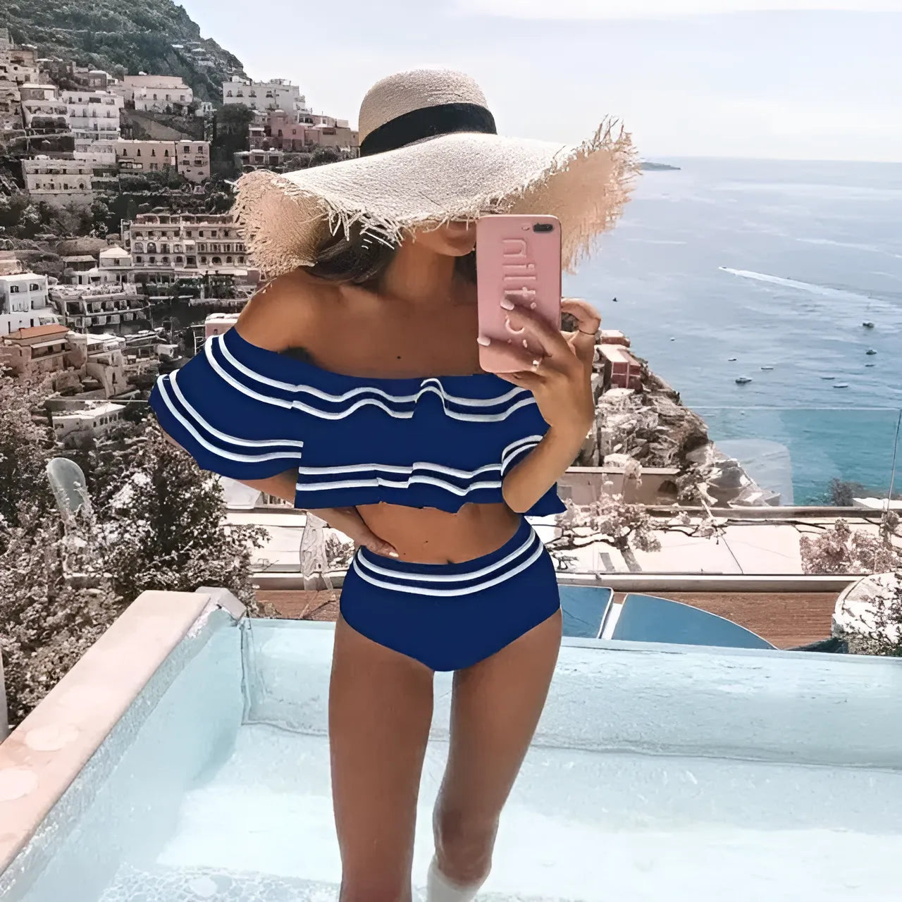 Bleu Maillot de bain deux pièces avec détail volant sur le buste