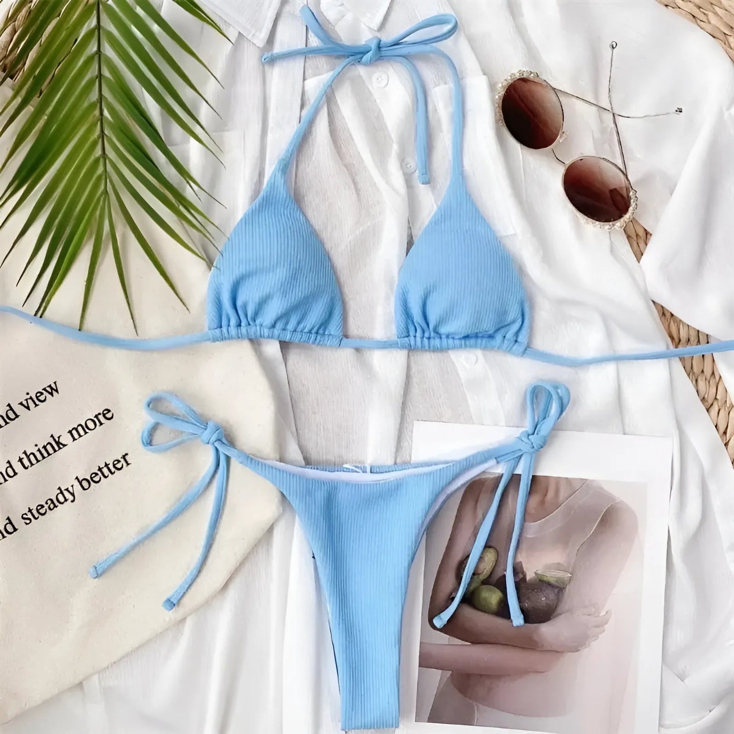 Bleu Maillot de bain deux pièces classique avec liens
