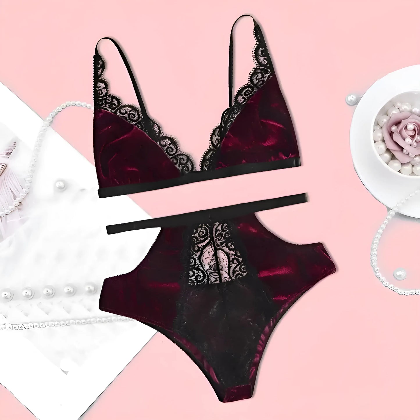 Bourgogne Ensemble de lingerie en dentelle taille haute
